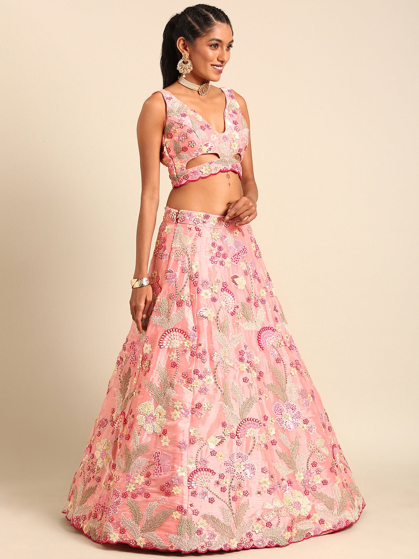 Pink Organza Sequins and Zarkan embroidery Lehenga