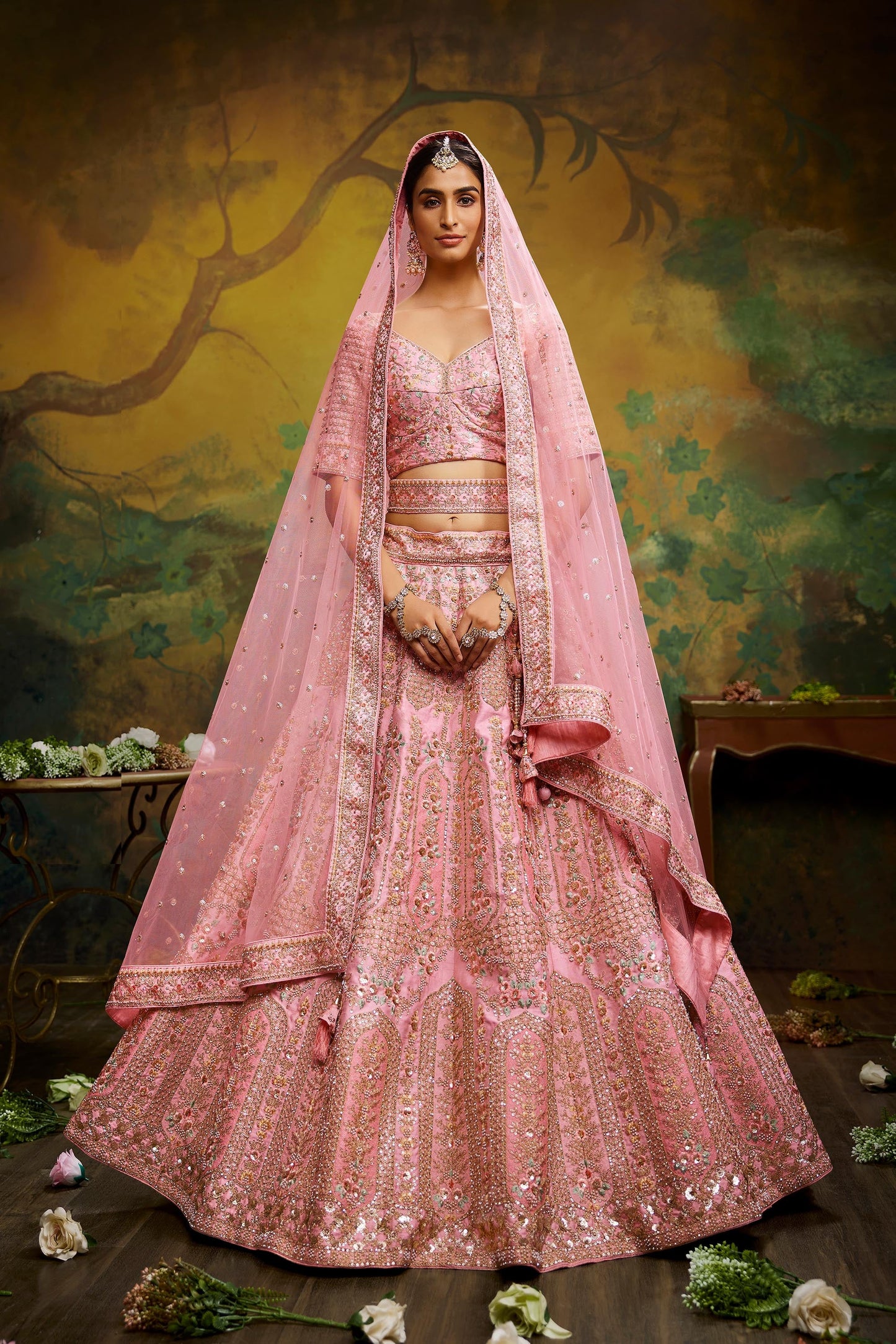 Coral Pure Silk Moti & Zarkan heavy embroidery Lehenga
