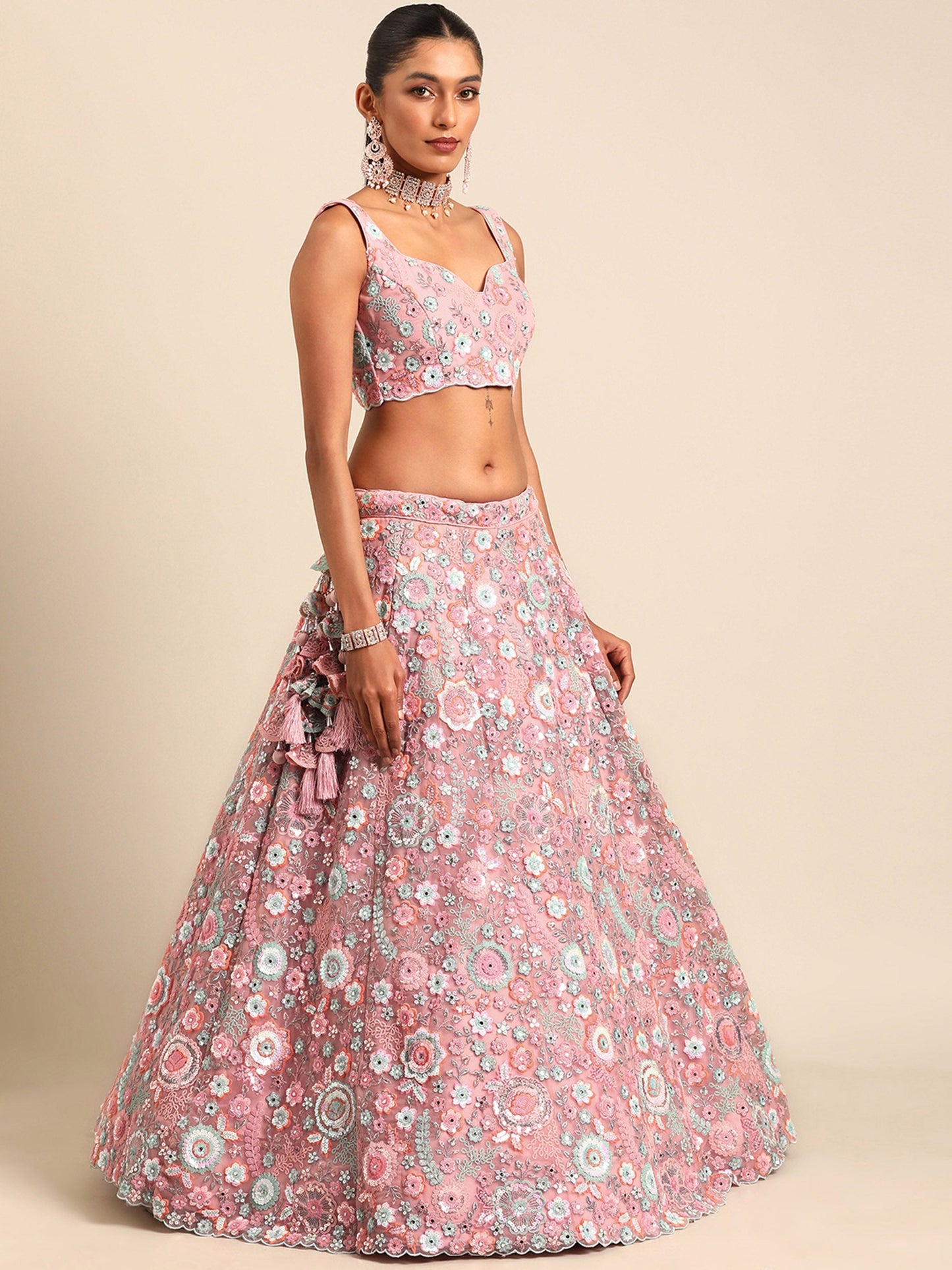 Pink Net Sequins, Mirror and thread embroidery Lehenga