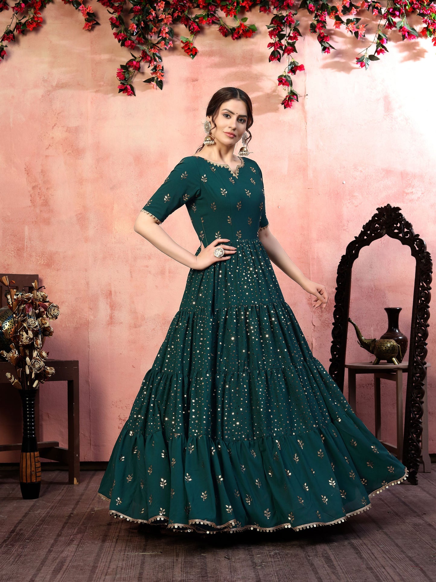 Green Georgette Fancy Golden Sequence Embroidery Festive Gown