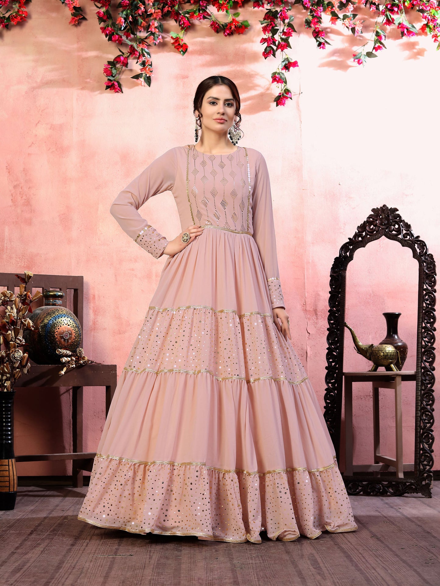 Dusty Pink Georgette Fancy Golden Sequence Embroidery Festive Gown