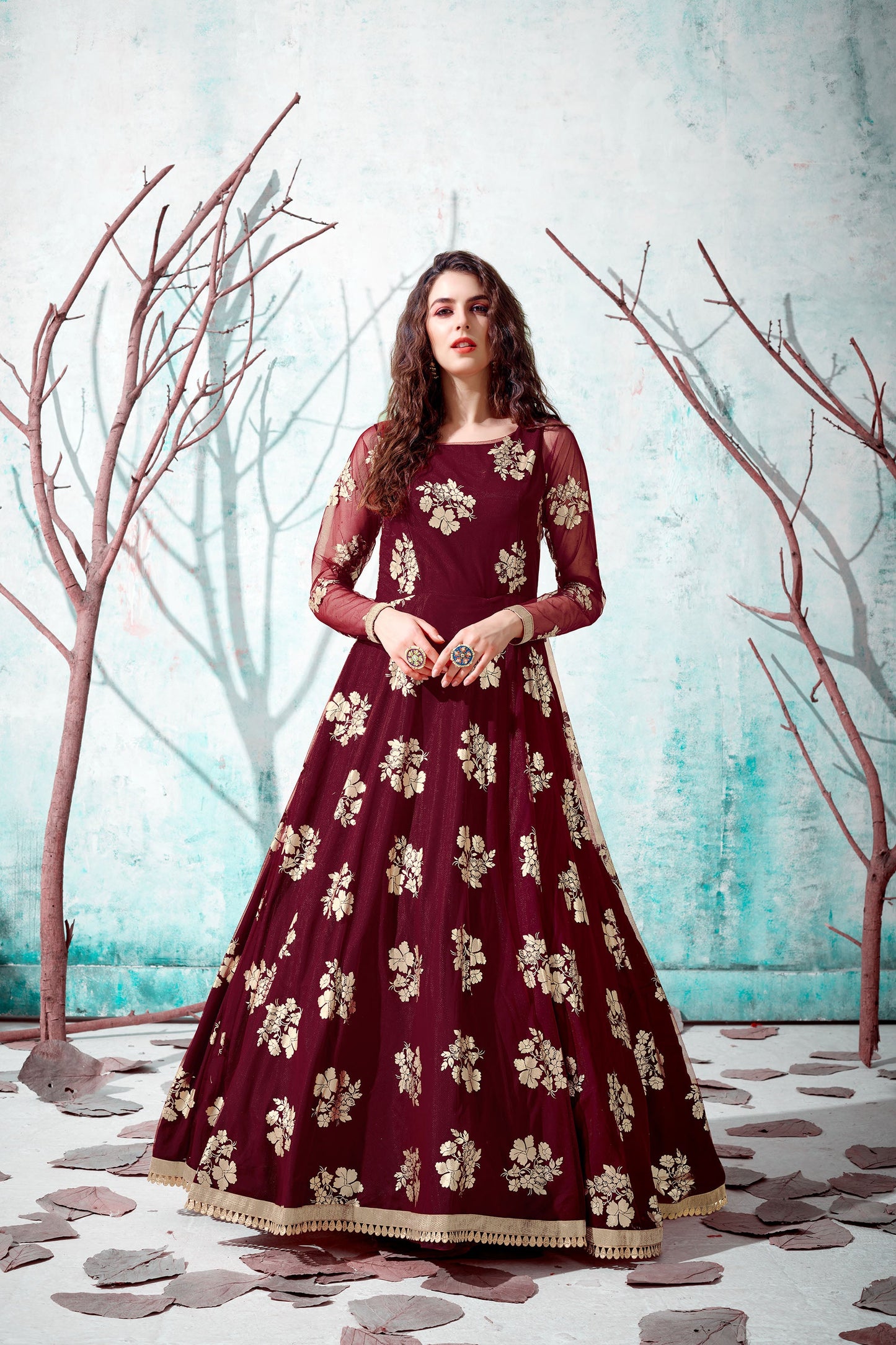 Maroon Metallic Foil Work Net Partywear Gown