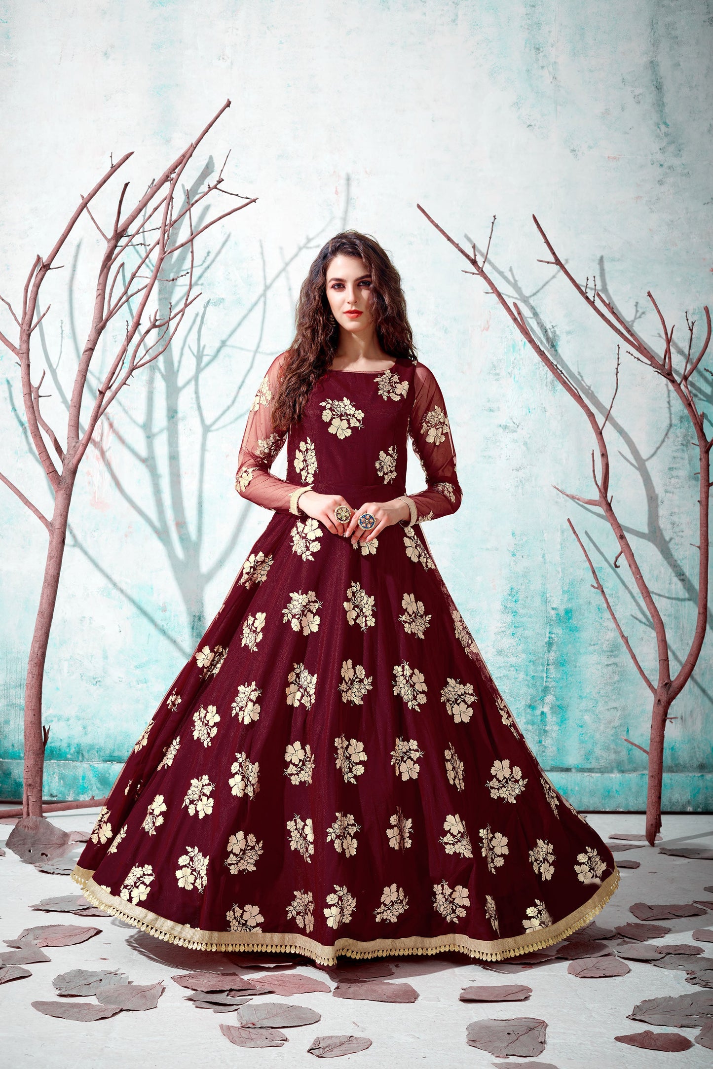 Maroon Metallic Foil Work Net Partywear Gown