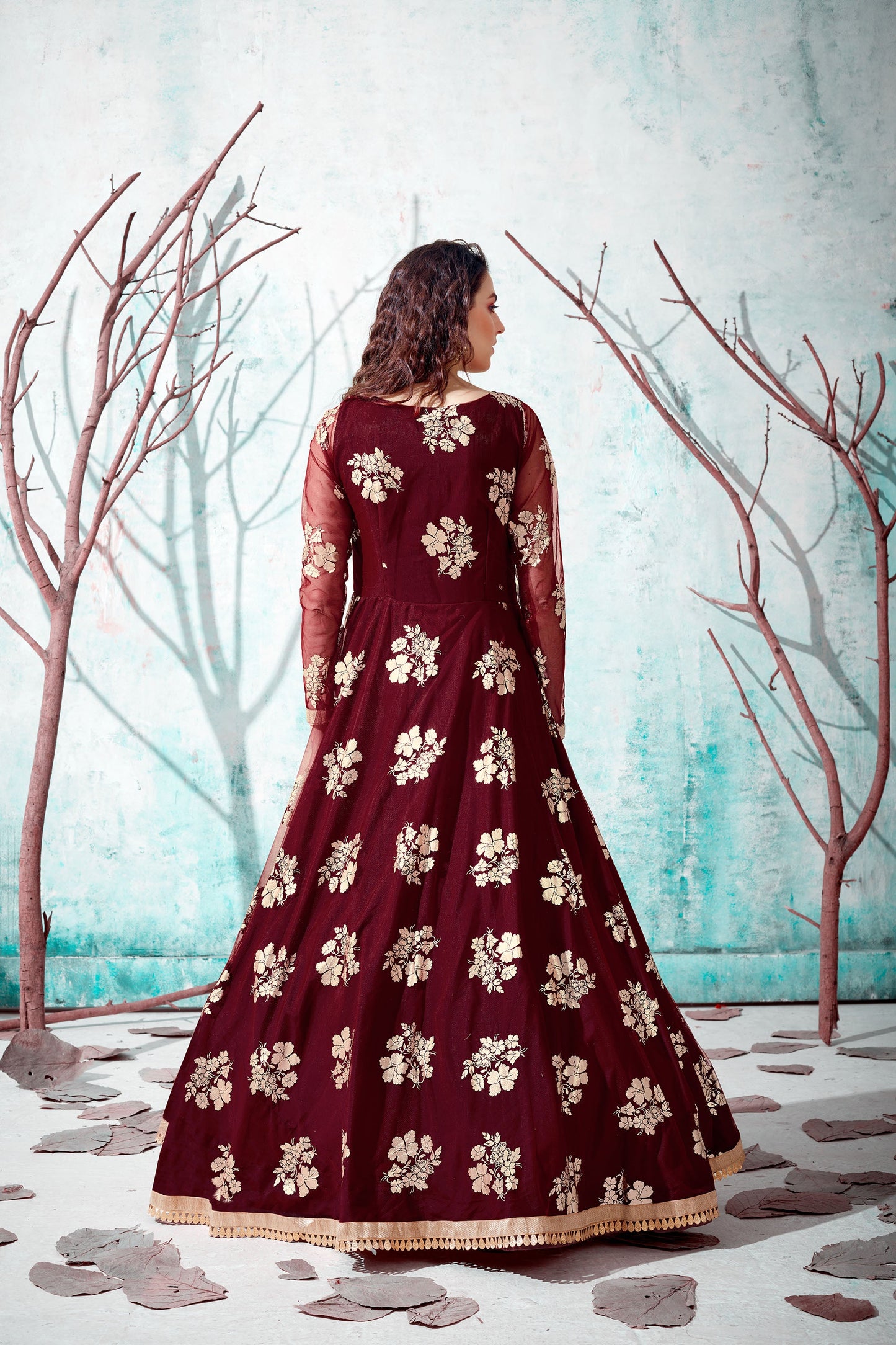 Maroon Metallic Foil Work Net Partywear Gown
