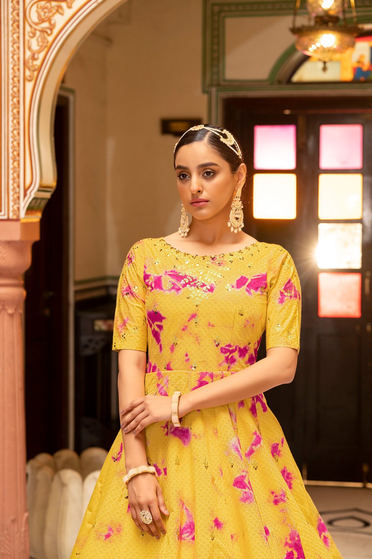 Yellow Partywear Sequin Work Gown