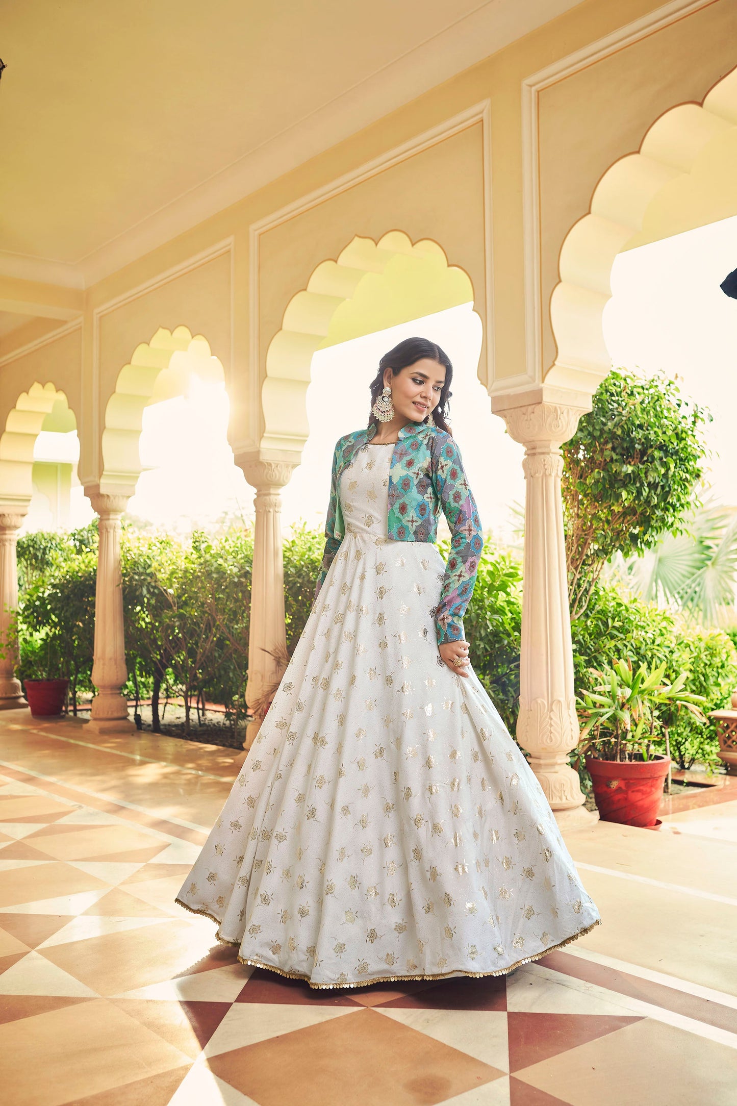 White Cotton Sequence Embroidery Gown