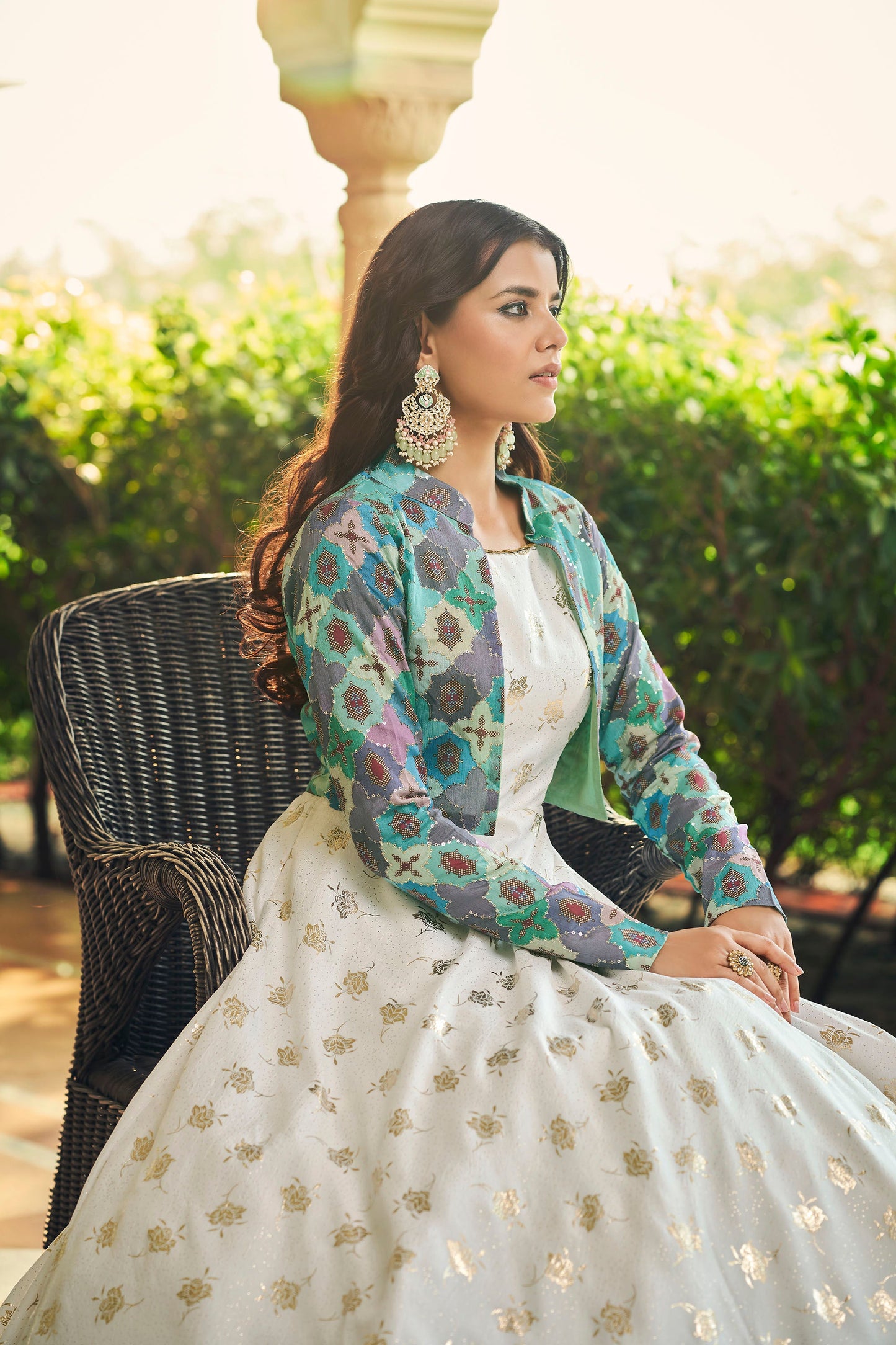 White Cotton Sequence Embroidery Gown