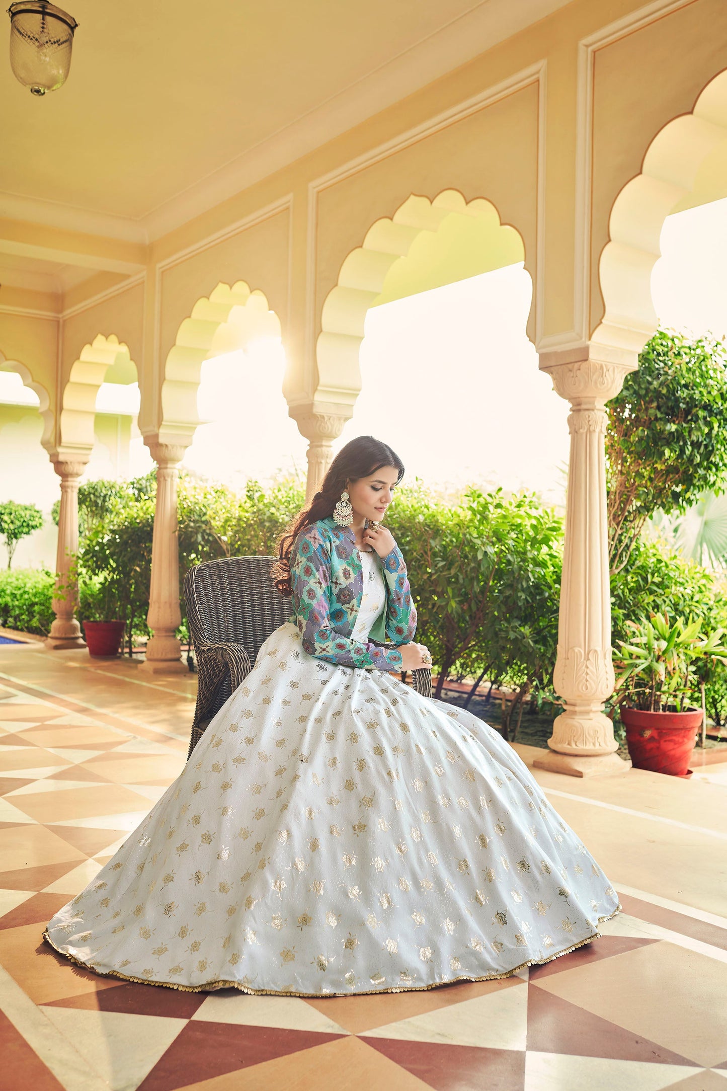 White Cotton Sequence Embroidery Gown