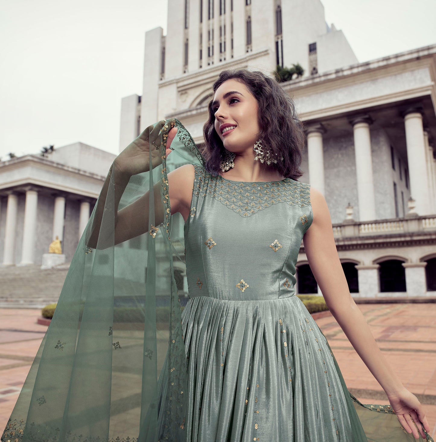 Stunning Pista & Green Color Chinnon Anarkali