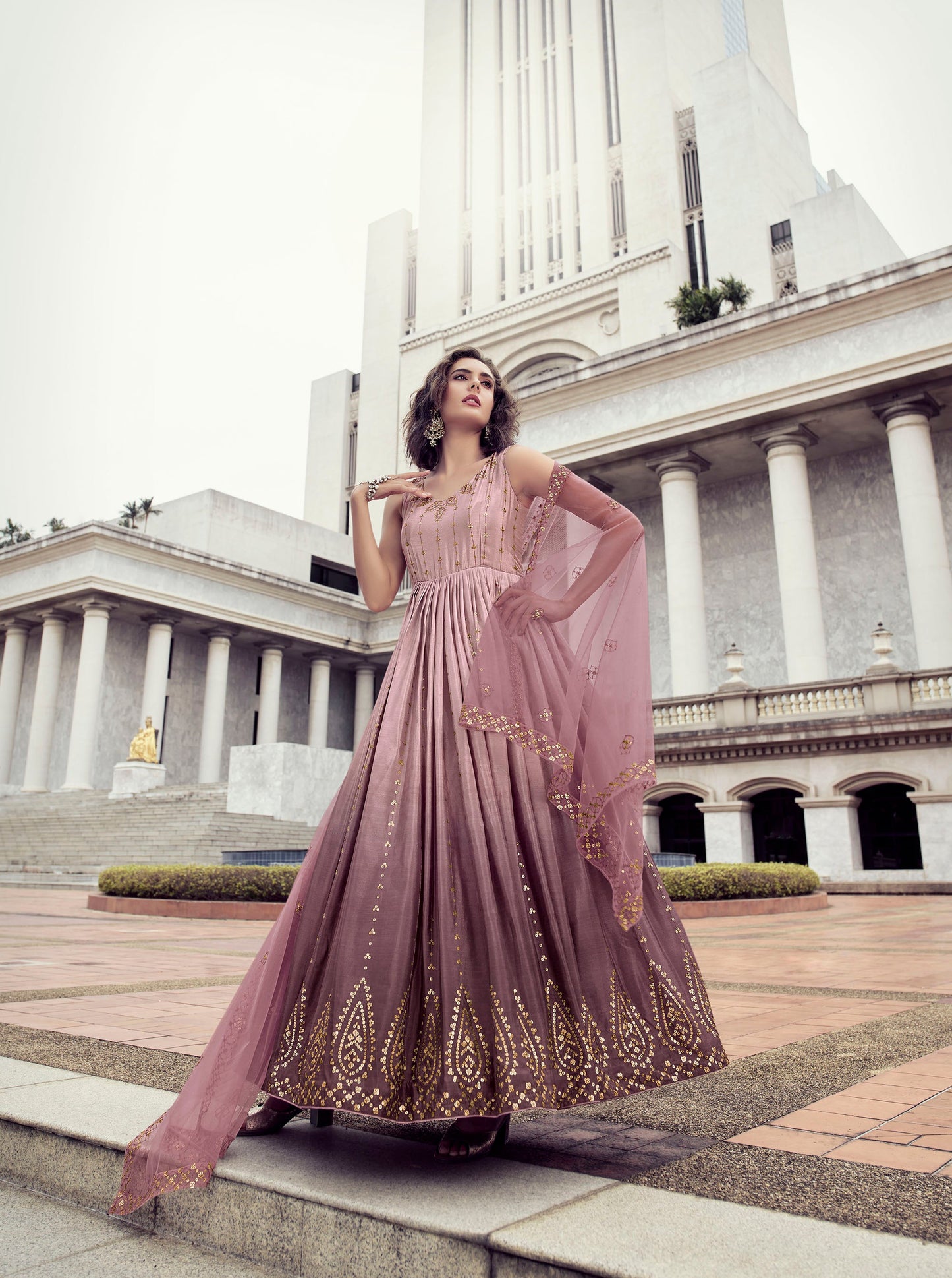 Alluring Dusty Pink & Purple Color Chinnon Anarkali