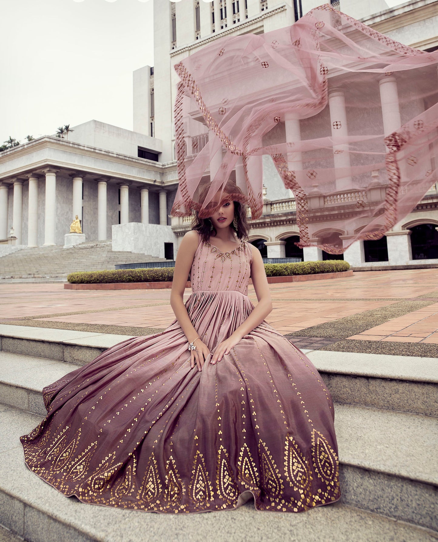 Alluring Dusty Pink & Purple Color Chinnon Anarkali