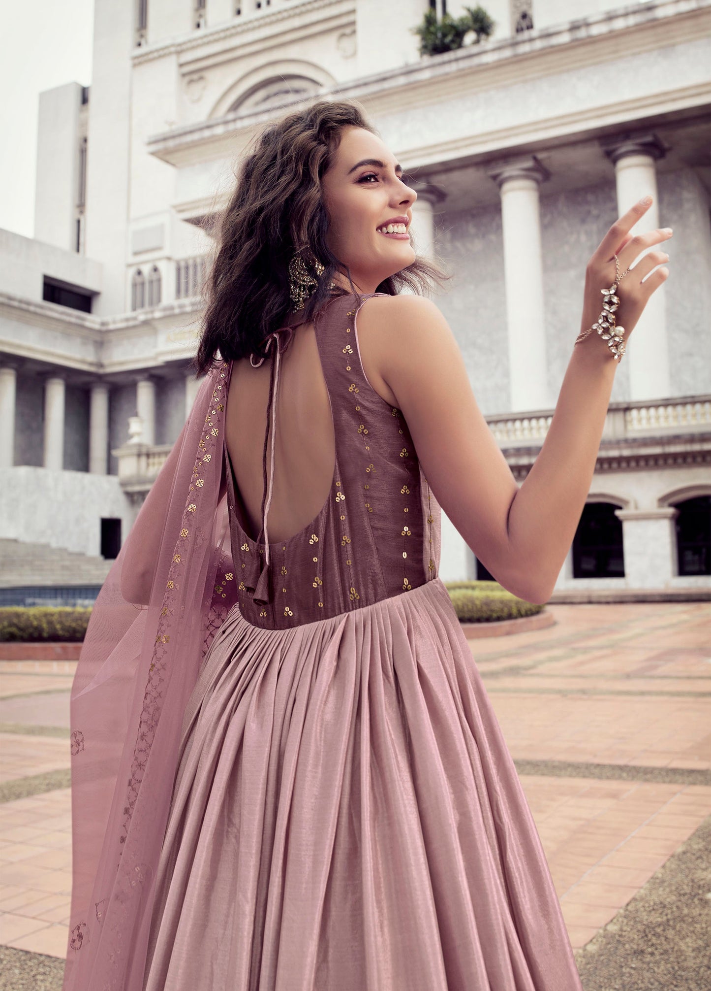 Alluring Dusty Pink & Purple Color Chinnon Anarkali