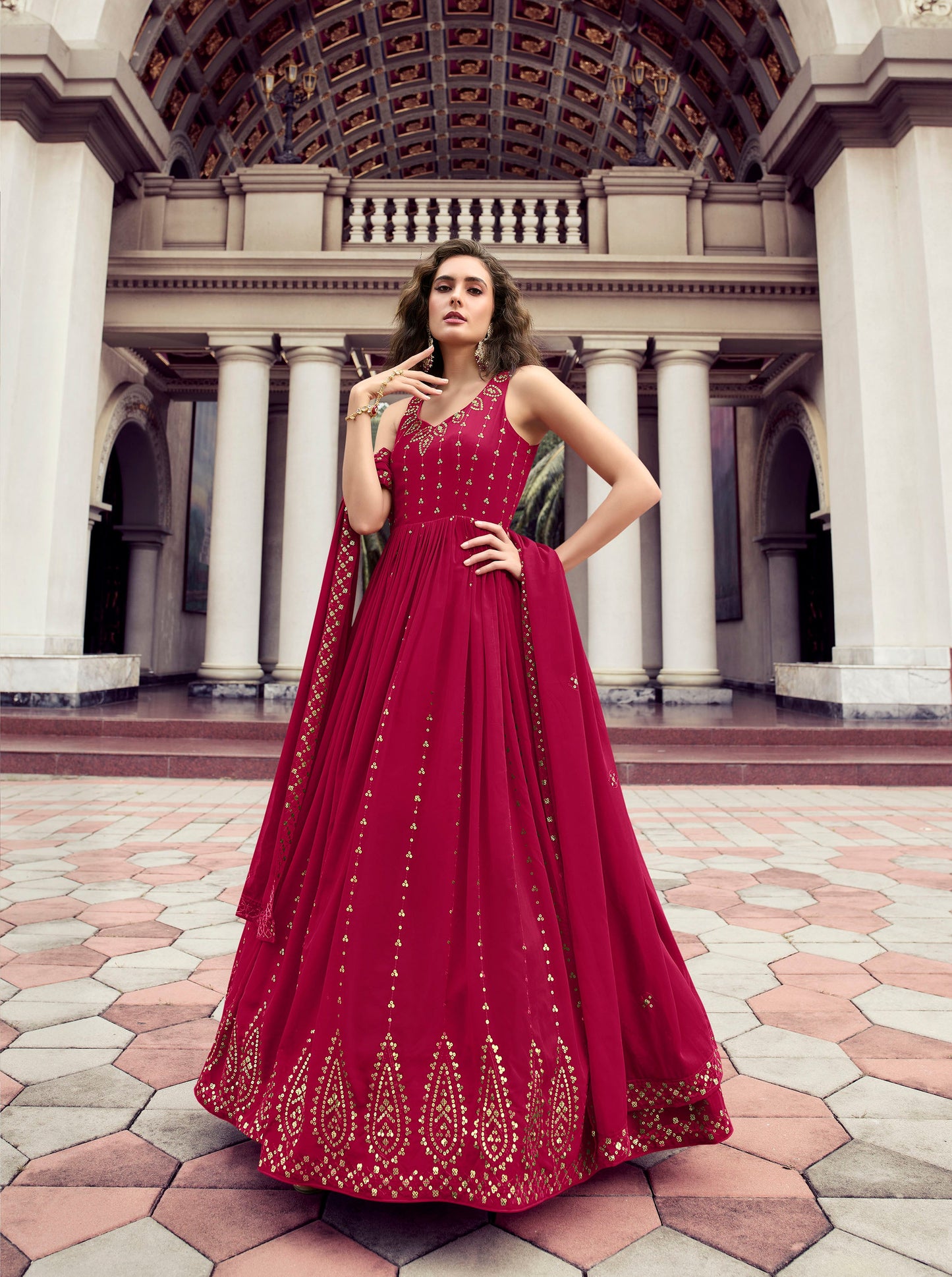 Rani Pink Color Georgette Sequence Embroidery Anarkali for Engagement