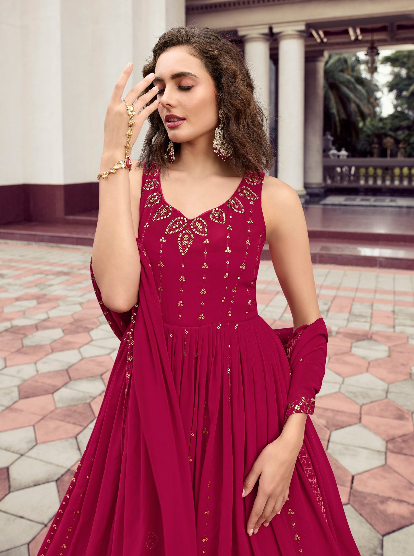 Rani Pink Color Georgette Sequence Embroidery Anarkali for Engagement