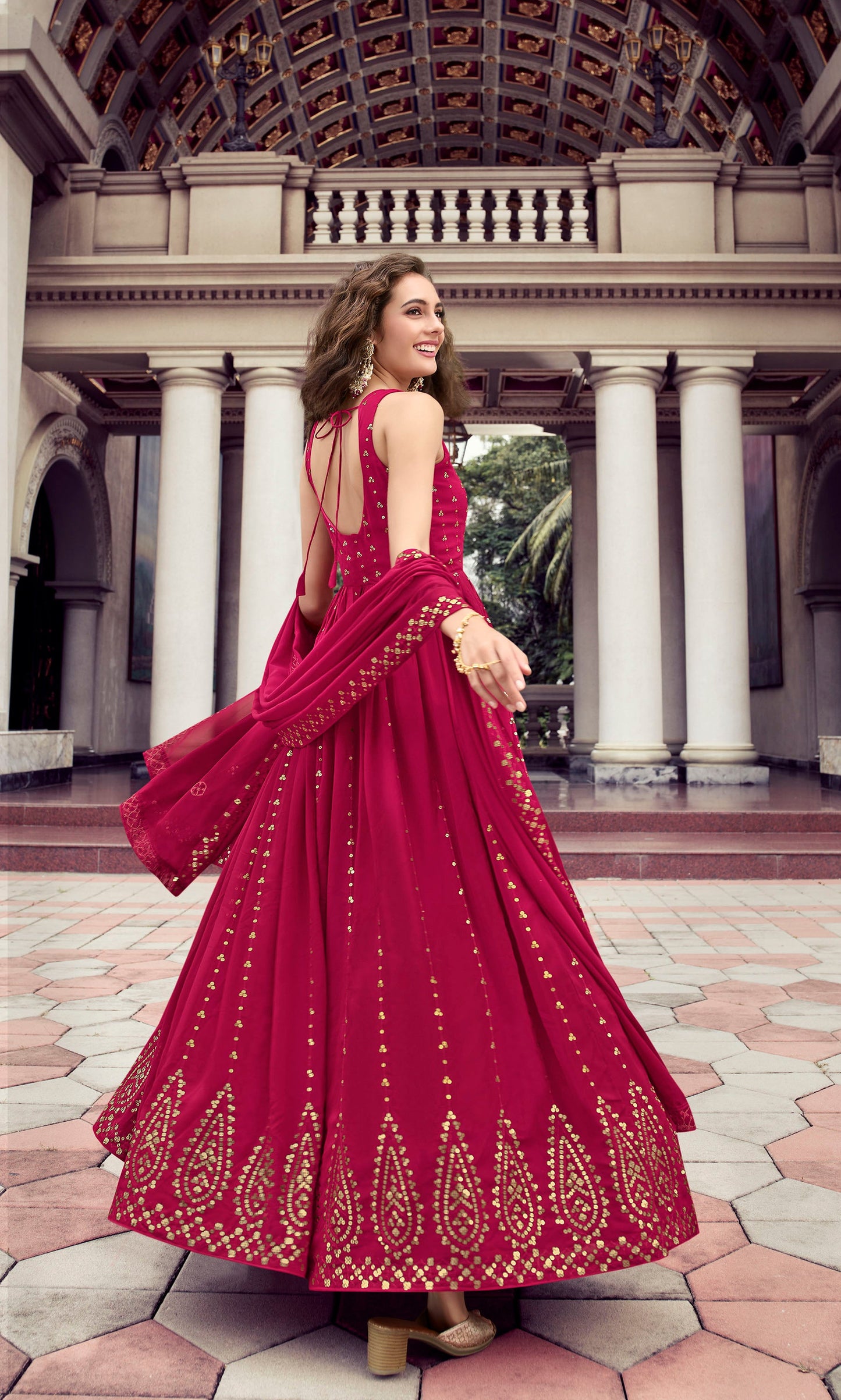 Rani Pink Color Georgette Sequence Embroidery Anarkali for Engagement