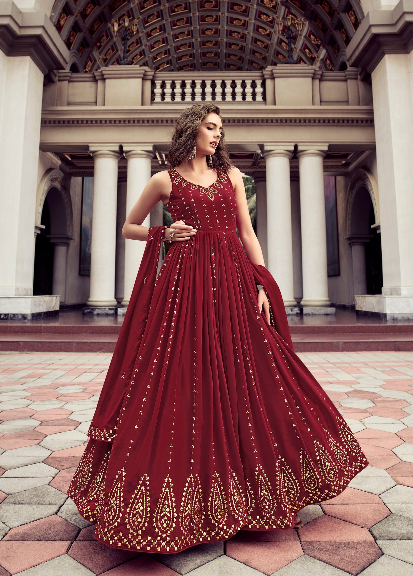 Maroon Color Georgette Sequence Embroidery Anarkali for Bridesmaid