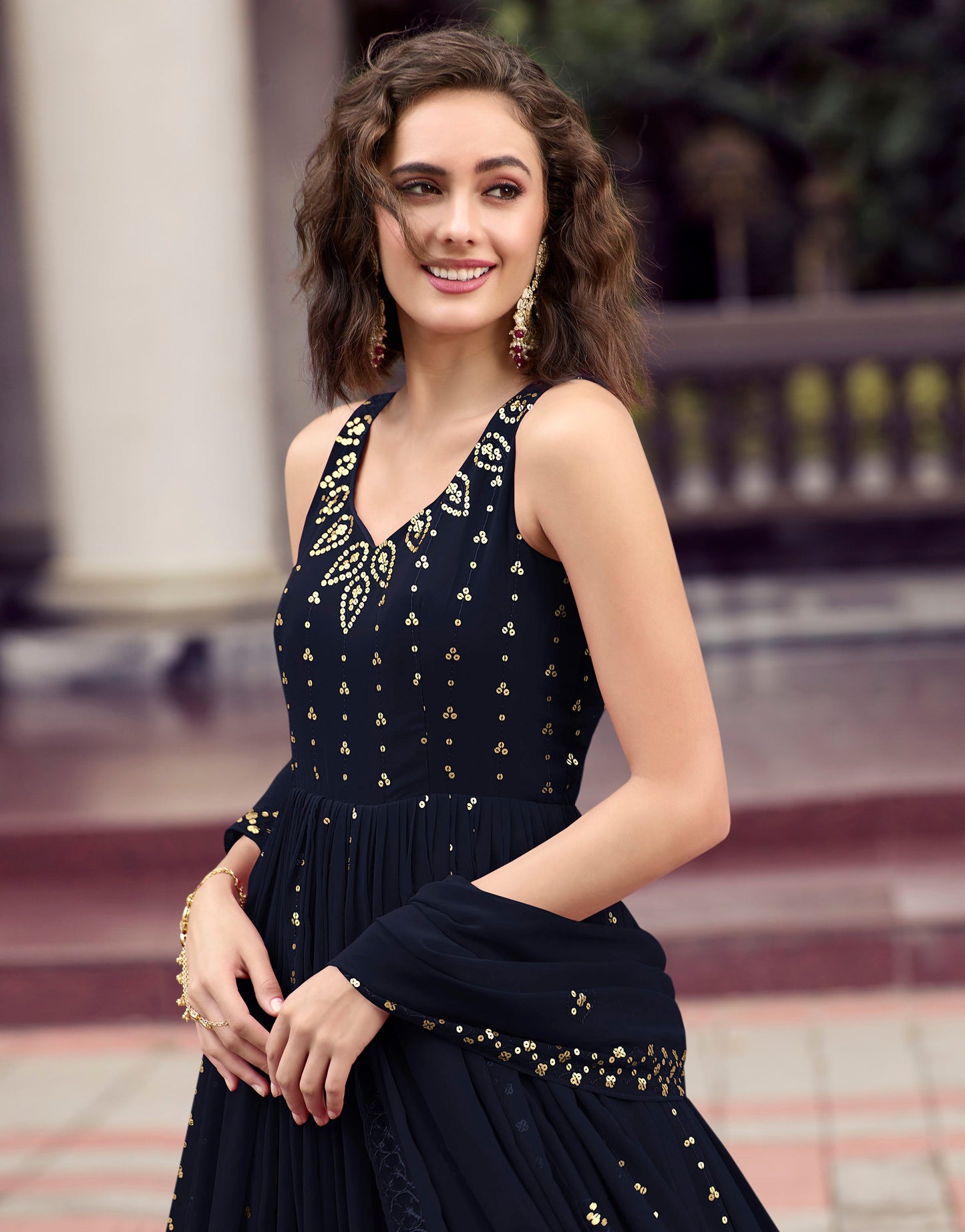 Dark Blue Color Georgette Sequence Embroidery Anarkali for Bridesmaid