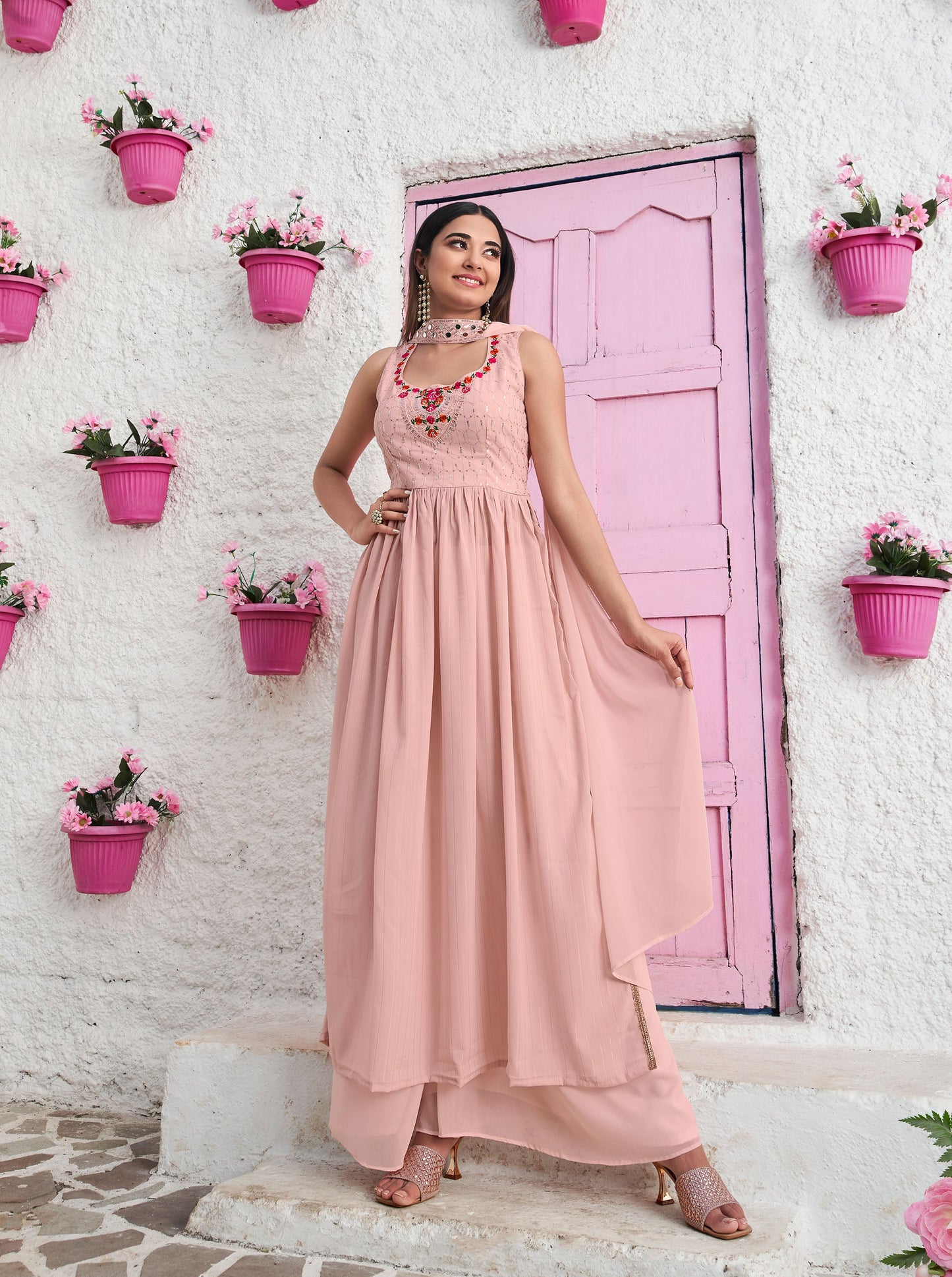 Peach Sequins Embroidery Georgette Anarkali for Wedding guest