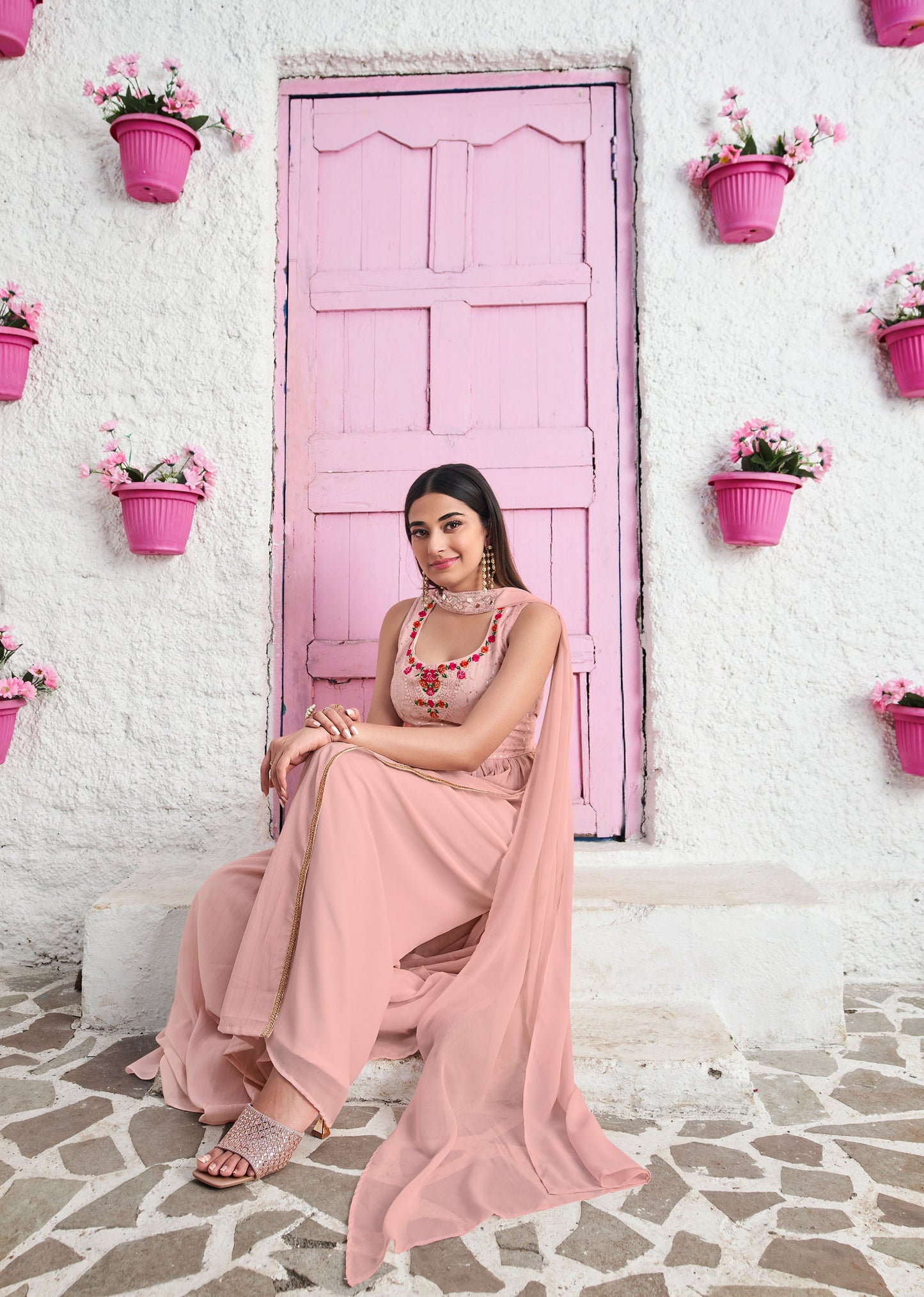 Peach Sequins Embroidery Georgette Anarkali for Wedding guest