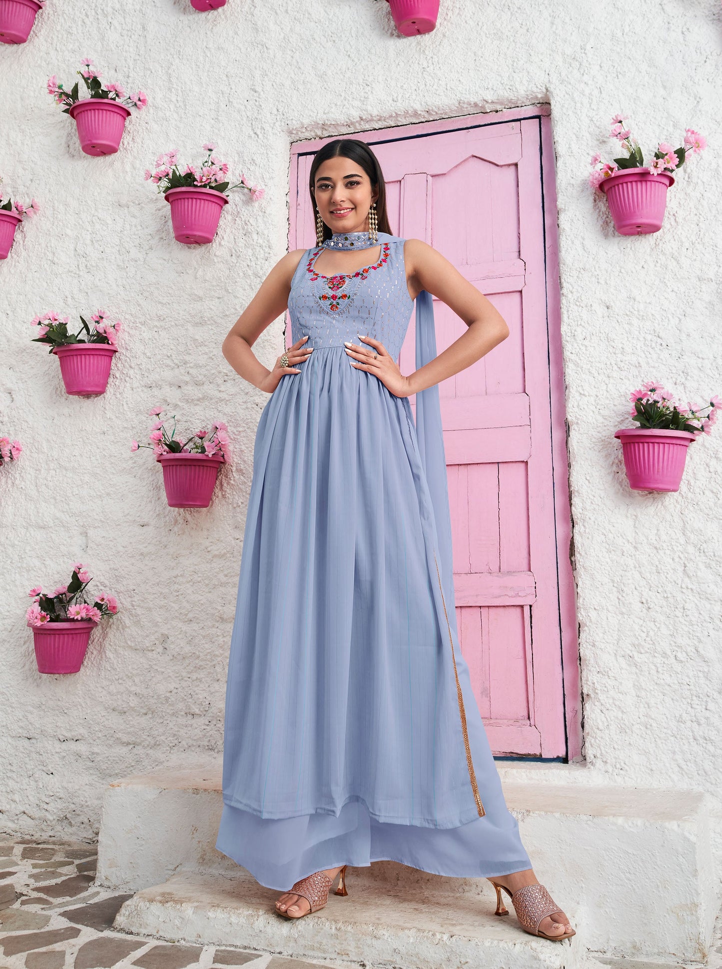 Sky Blue Sequins Embroidery Georgette Anarkali for Wedding guest