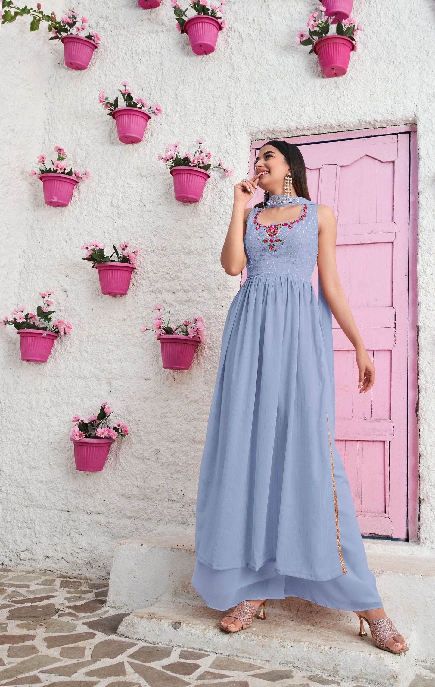 Sky Blue Sequins Embroidery Georgette Anarkali for Wedding guest