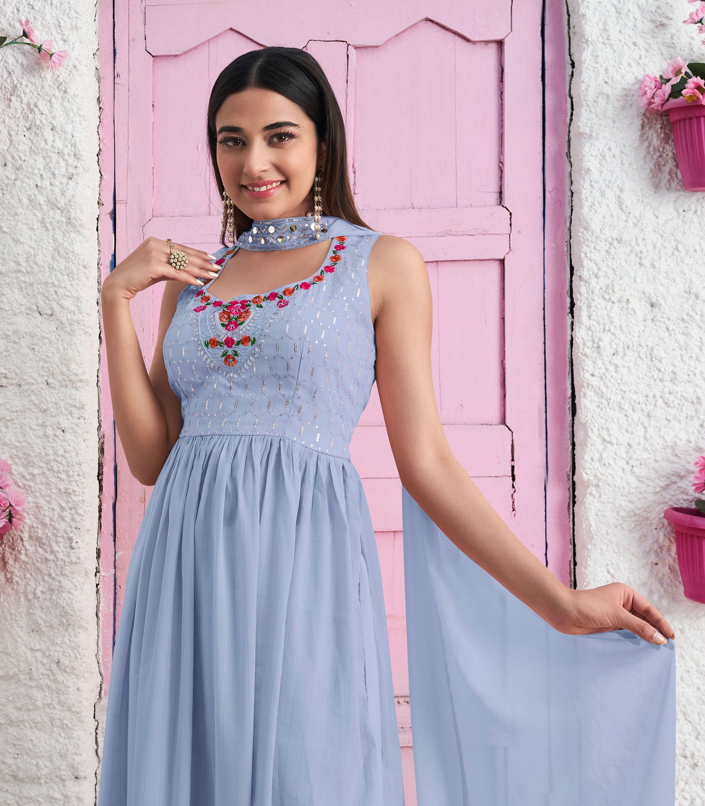 Sky Blue Sequins Embroidery Georgette Anarkali for Wedding guest