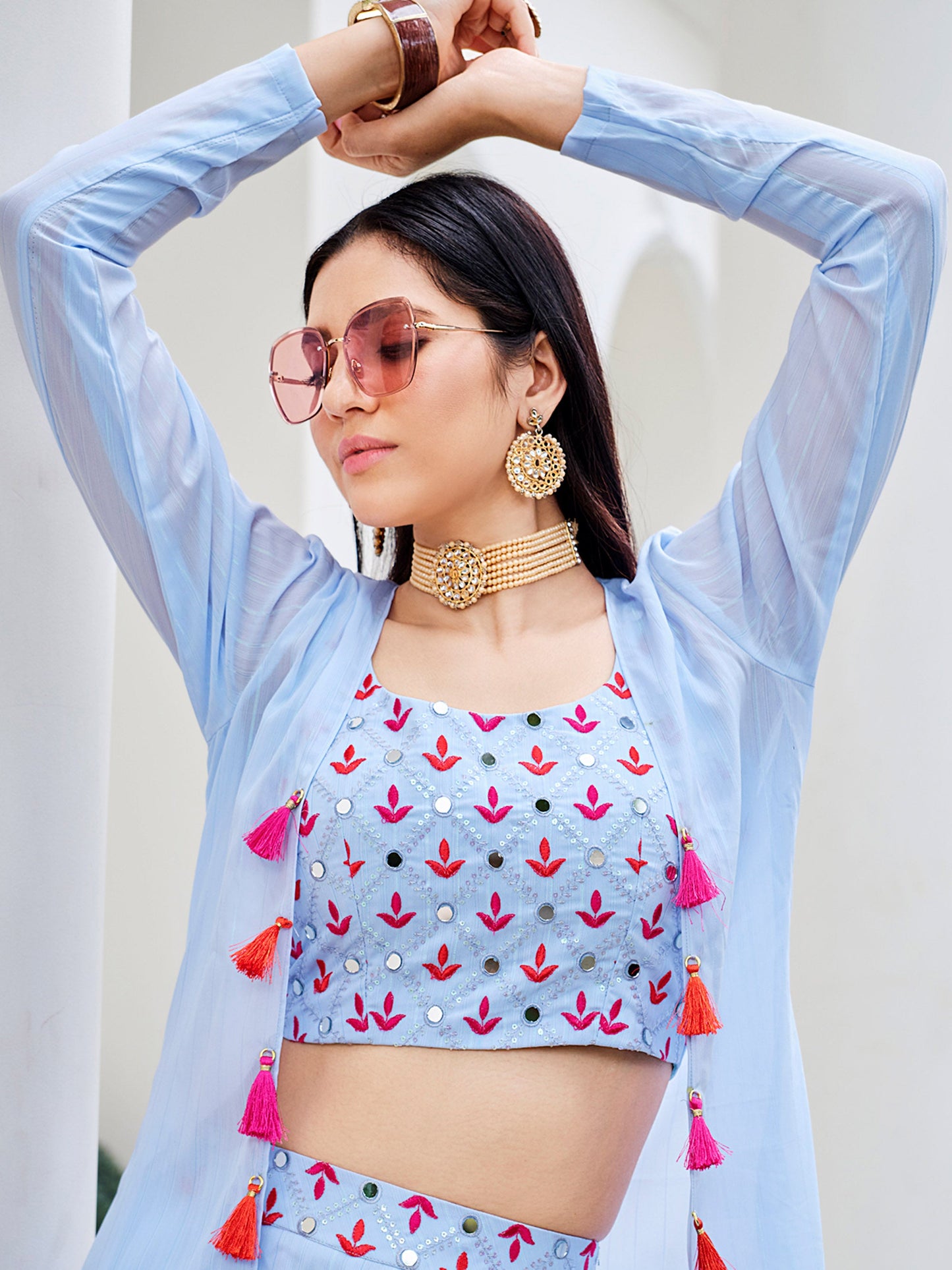 Sky Blue Color Mirror Embroidery Georgette Palazzo