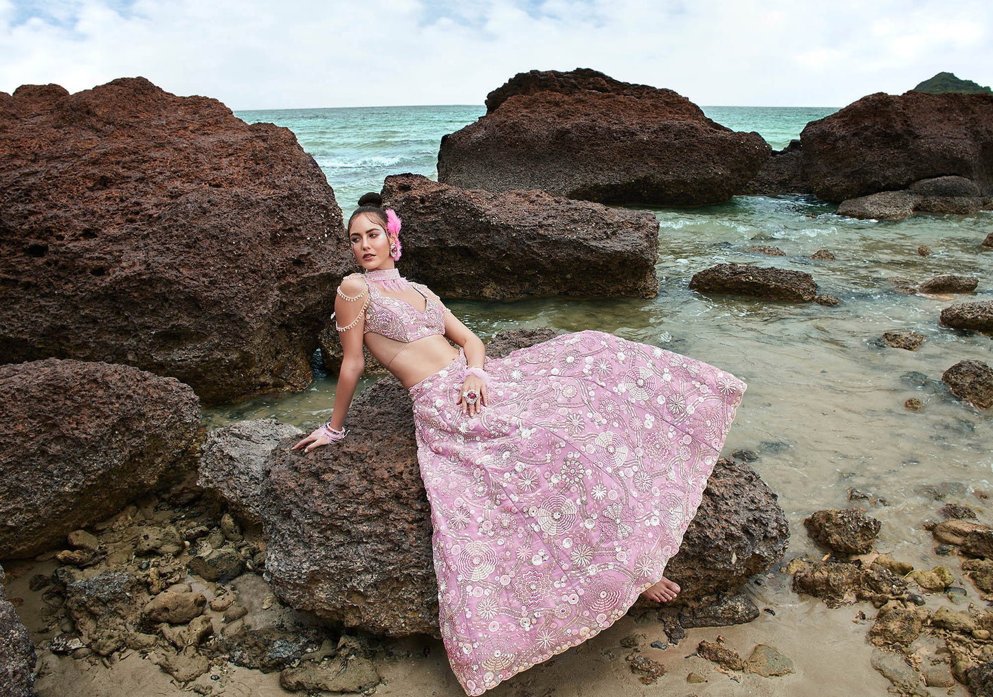 Mauve Organza Sequins, Zarkan and thread embroidery Lehenga