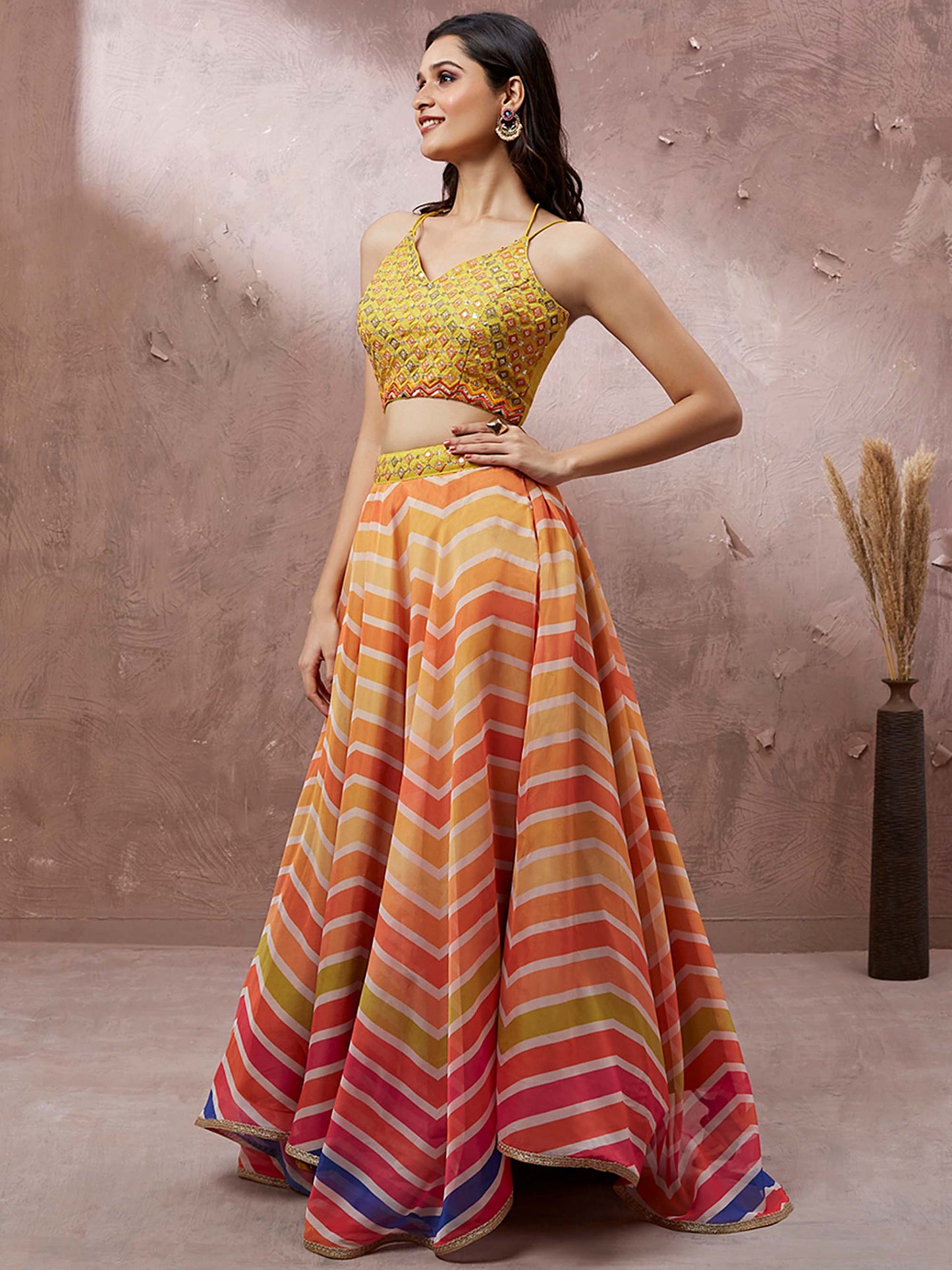 Yellow Organza Leheriya Printed Lehenga choli