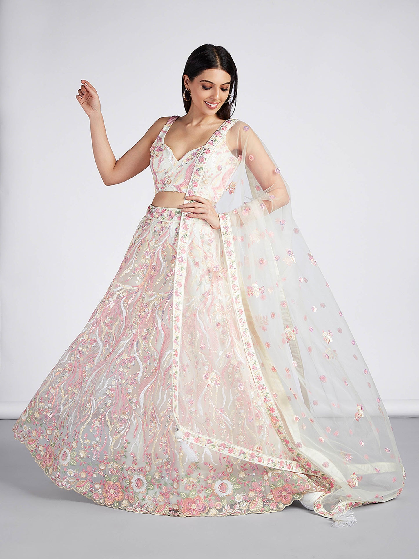 Cream Net Sequins and thread embroidery Lehenga choli & Dupatta