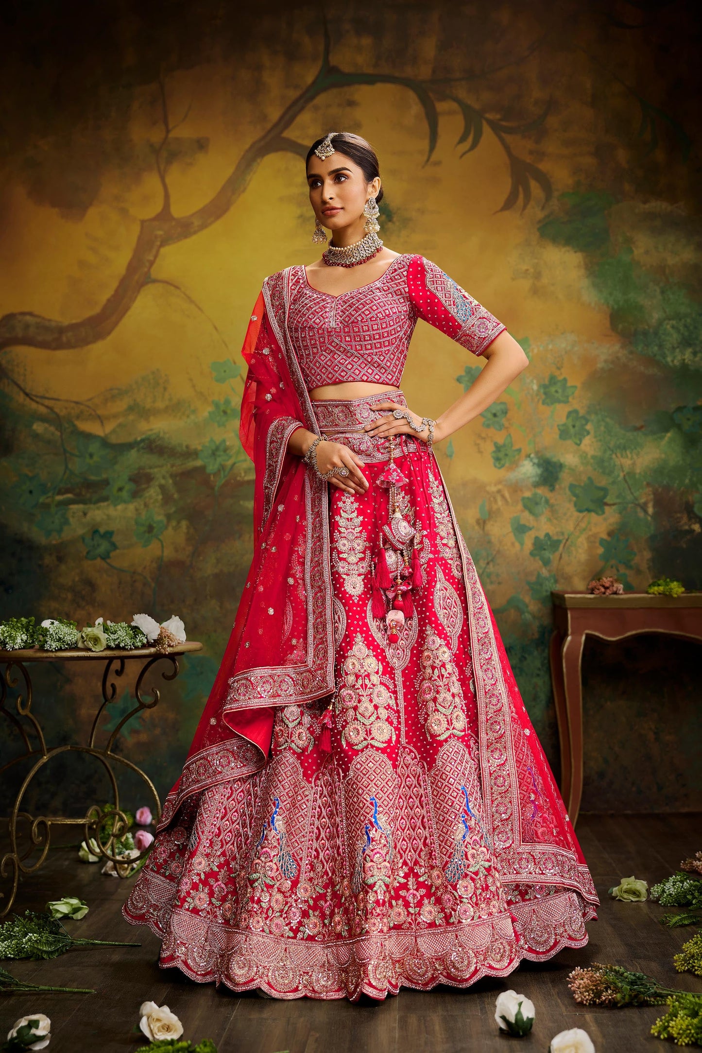 Red Pure Silk Moti & Zarkan heavy embroidery Lehenga