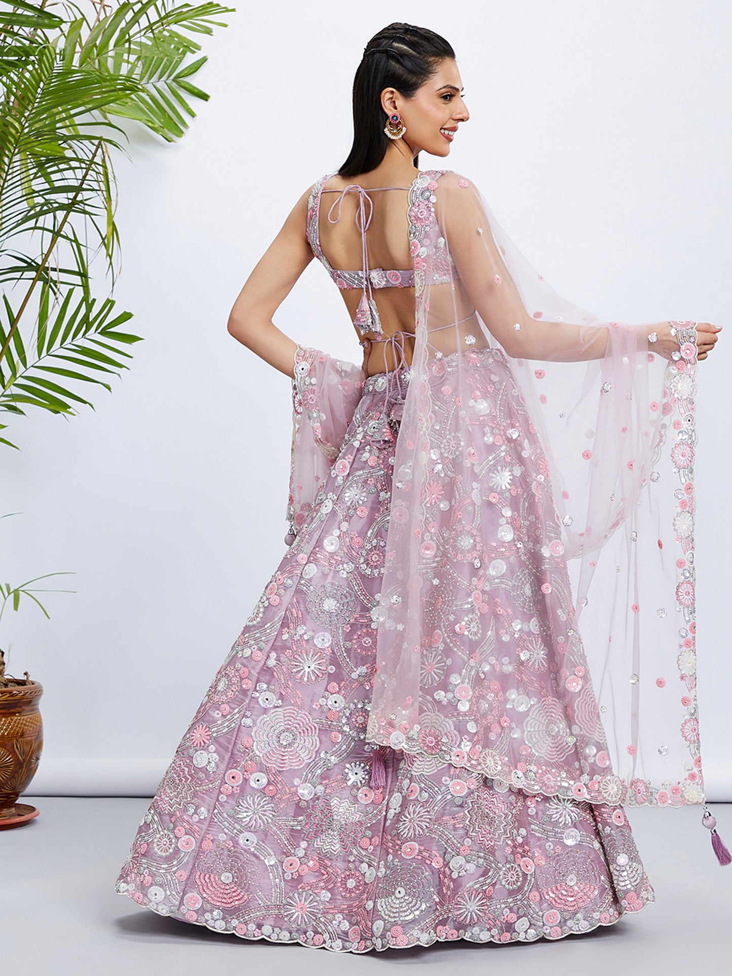 Mauve Organza Sequins, Zarkan and thread embroidery Lehenga