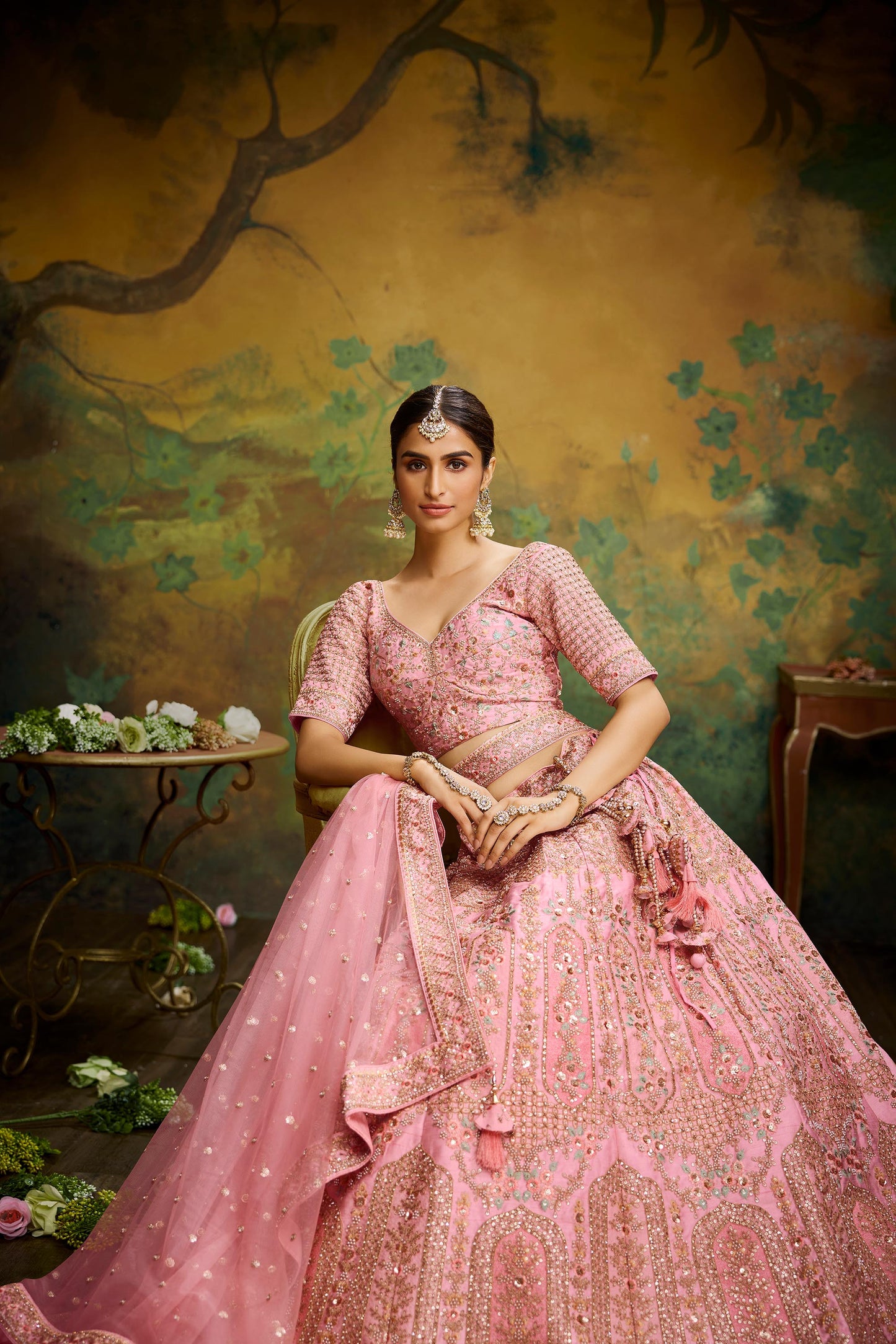 Coral Pure Silk Moti & Zarkan heavy embroidery Lehenga