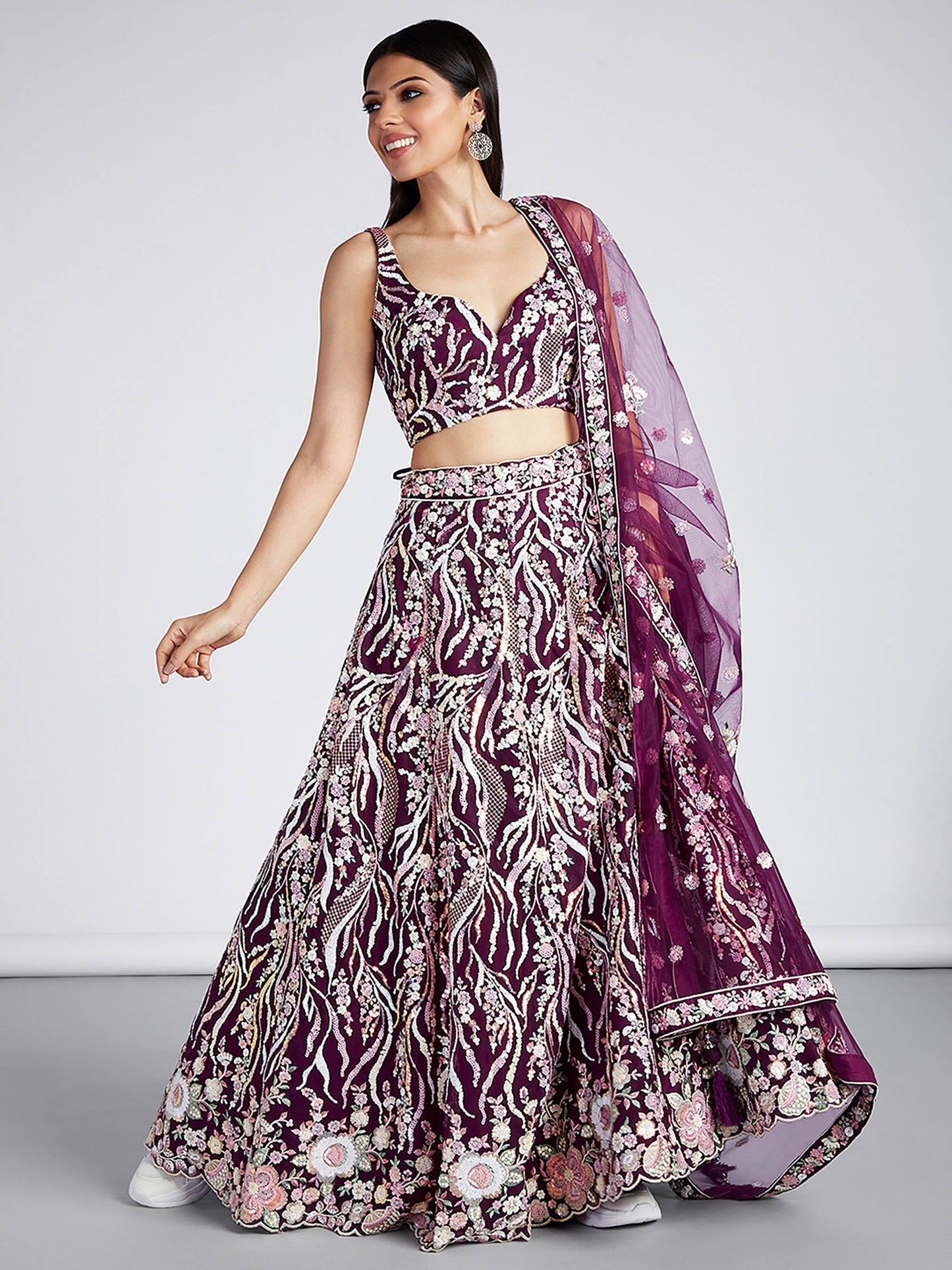 Burgundy Net Sequins and thread embroidery Lehenga choli & Dupatta