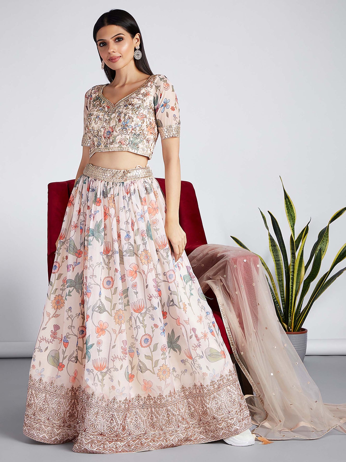 Cream colour Organza Floral design digital print Lehenga