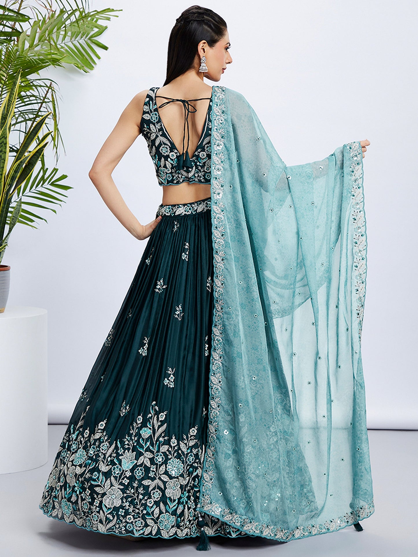 Teal Pure Georgette Sequins and thread embroidery Lehenga