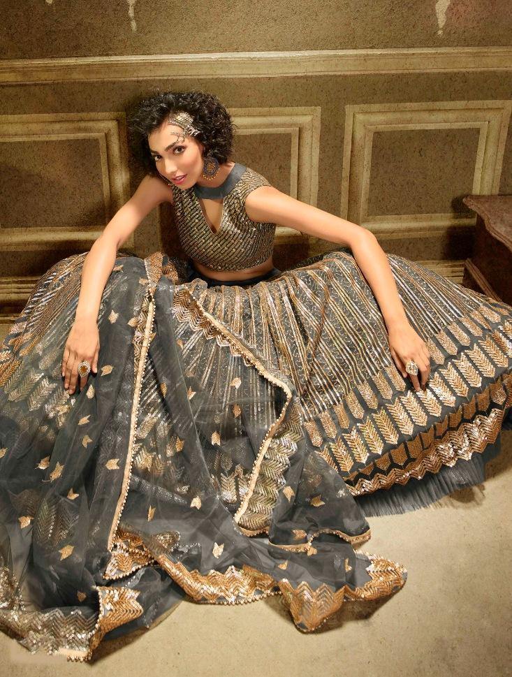 Grey Soft Net Party Wear Lehenga Set