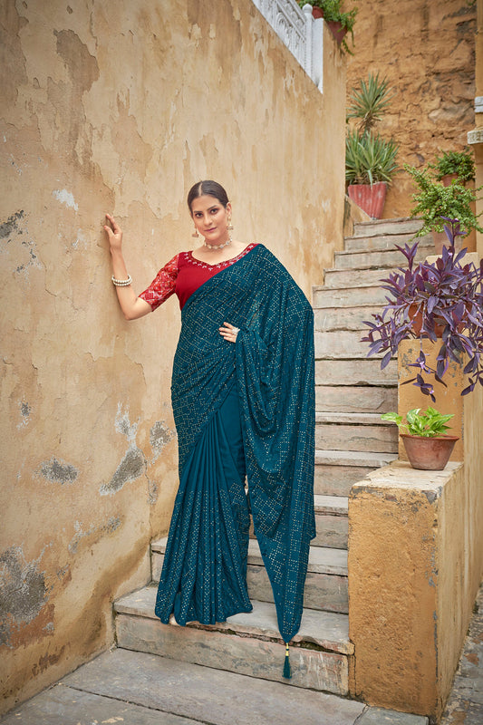 Teal Blue Color Chinnon Sequence Work Saree for Wedding Guest For Order
