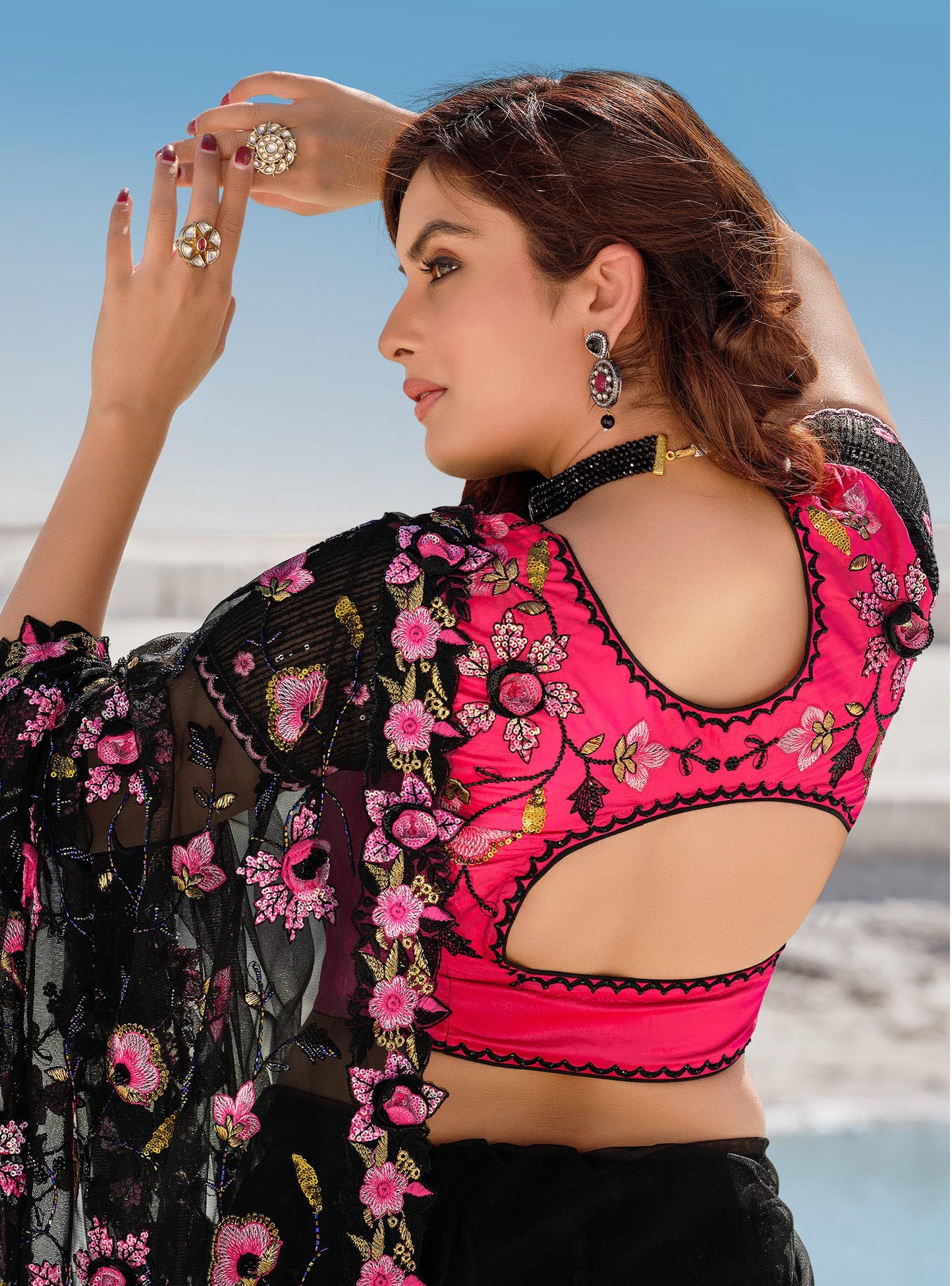 Black Flower and Cutdana Work Pure Satin Cocktail Saree