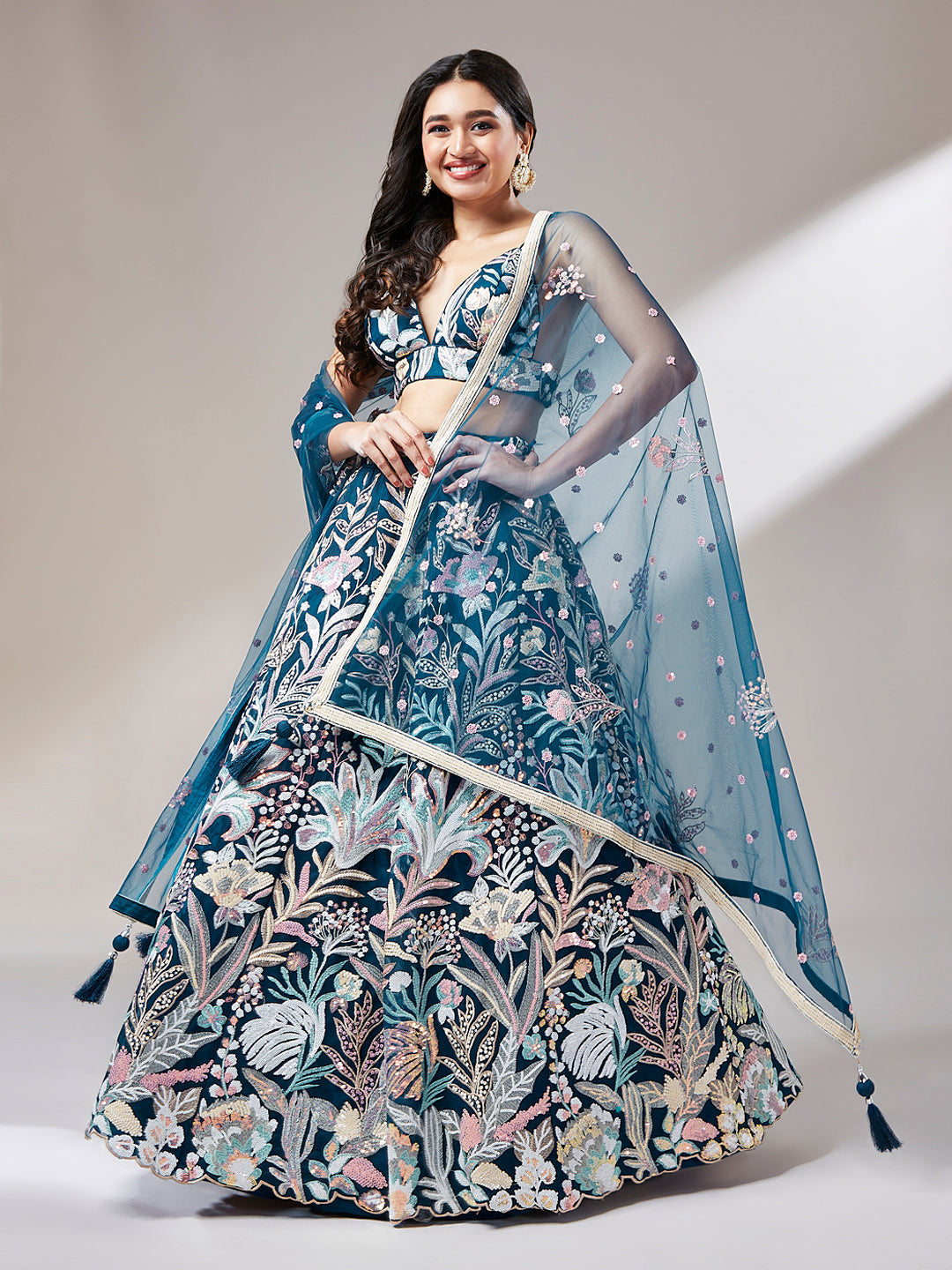 Navy Blue Net Sequins Work Semi-Stitched Bridesmaid Lehenga