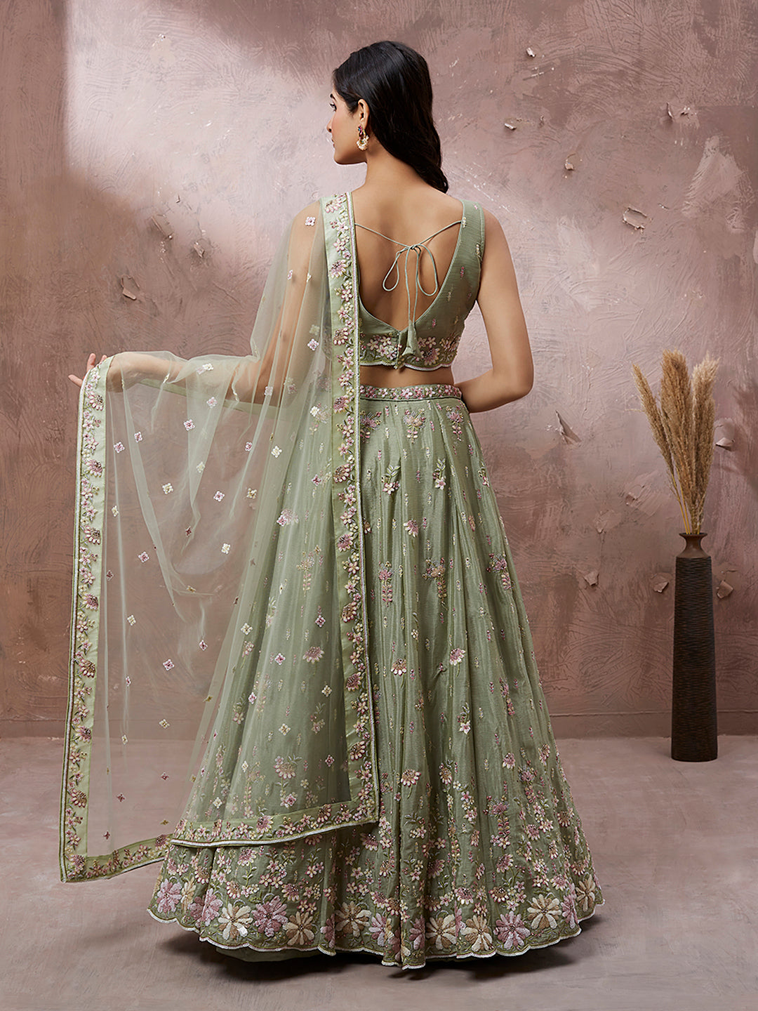 Green Georgette Sequins & Heavy Zarkan embroidery Semi-Stitched Lehenga