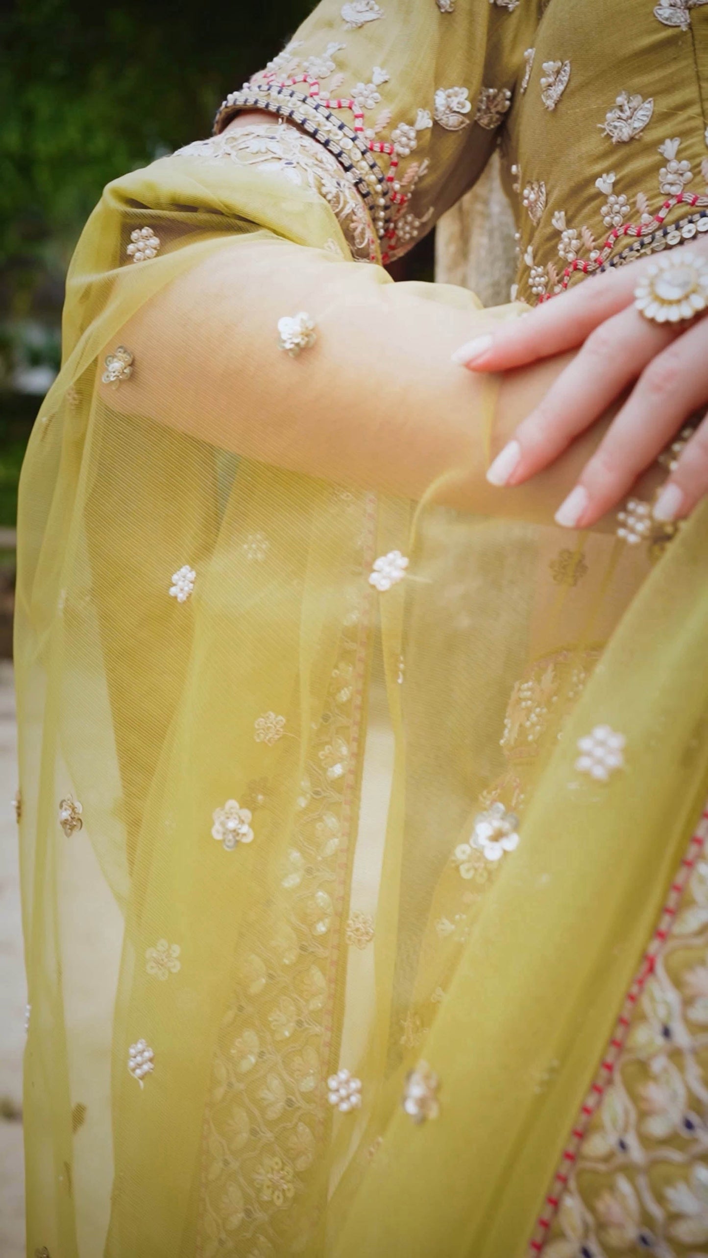 Mustard Bridal Net Sequins, Moti, Mirror and thread embroidery Lehenga