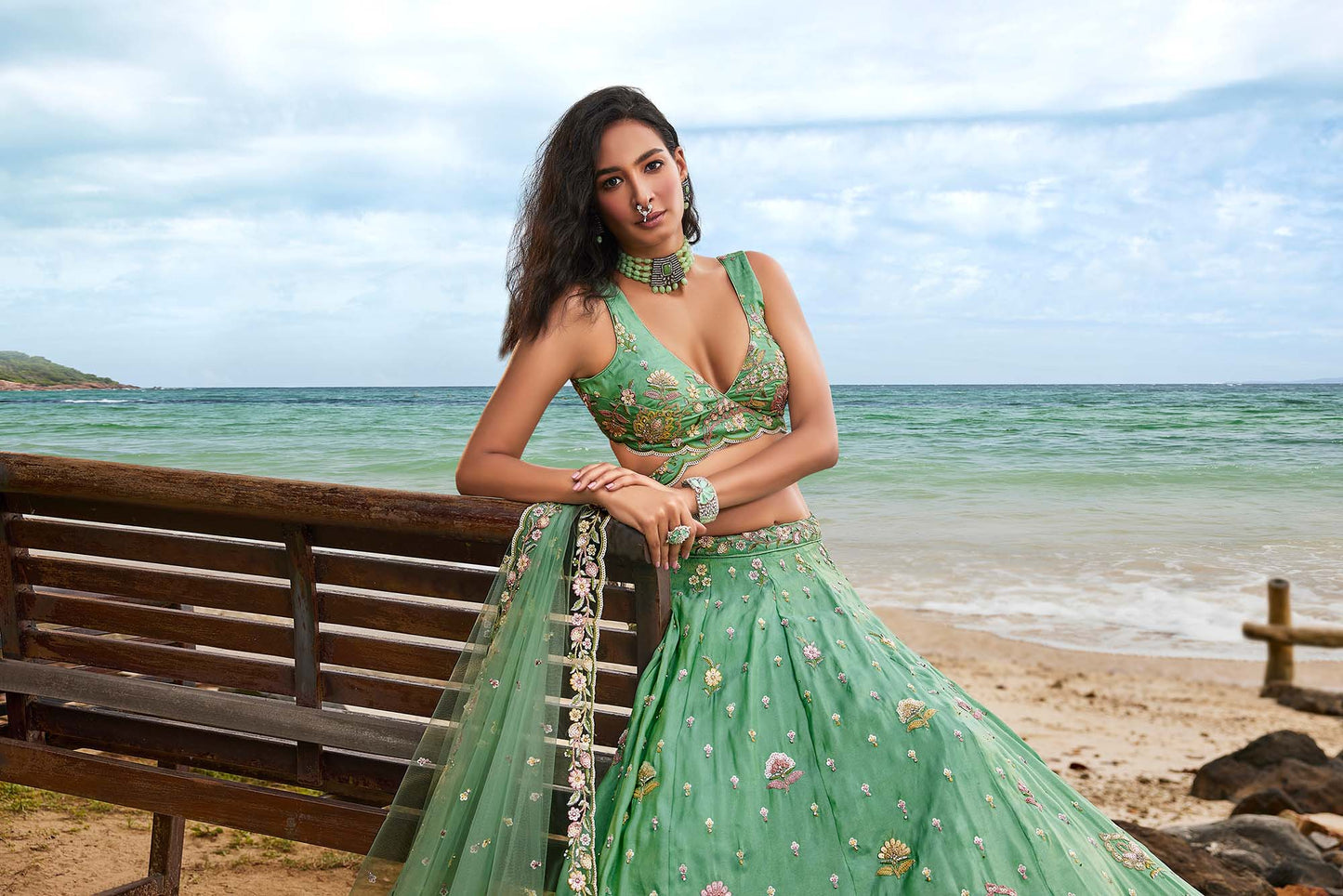 Sea Green Georgette Sequins, Zarkan and thread embroidery Lehenga