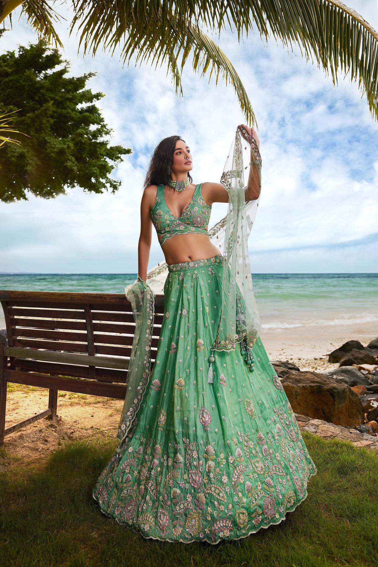Sea Green Georgette Sequins, Zarkan and thread embroidery Lehenga