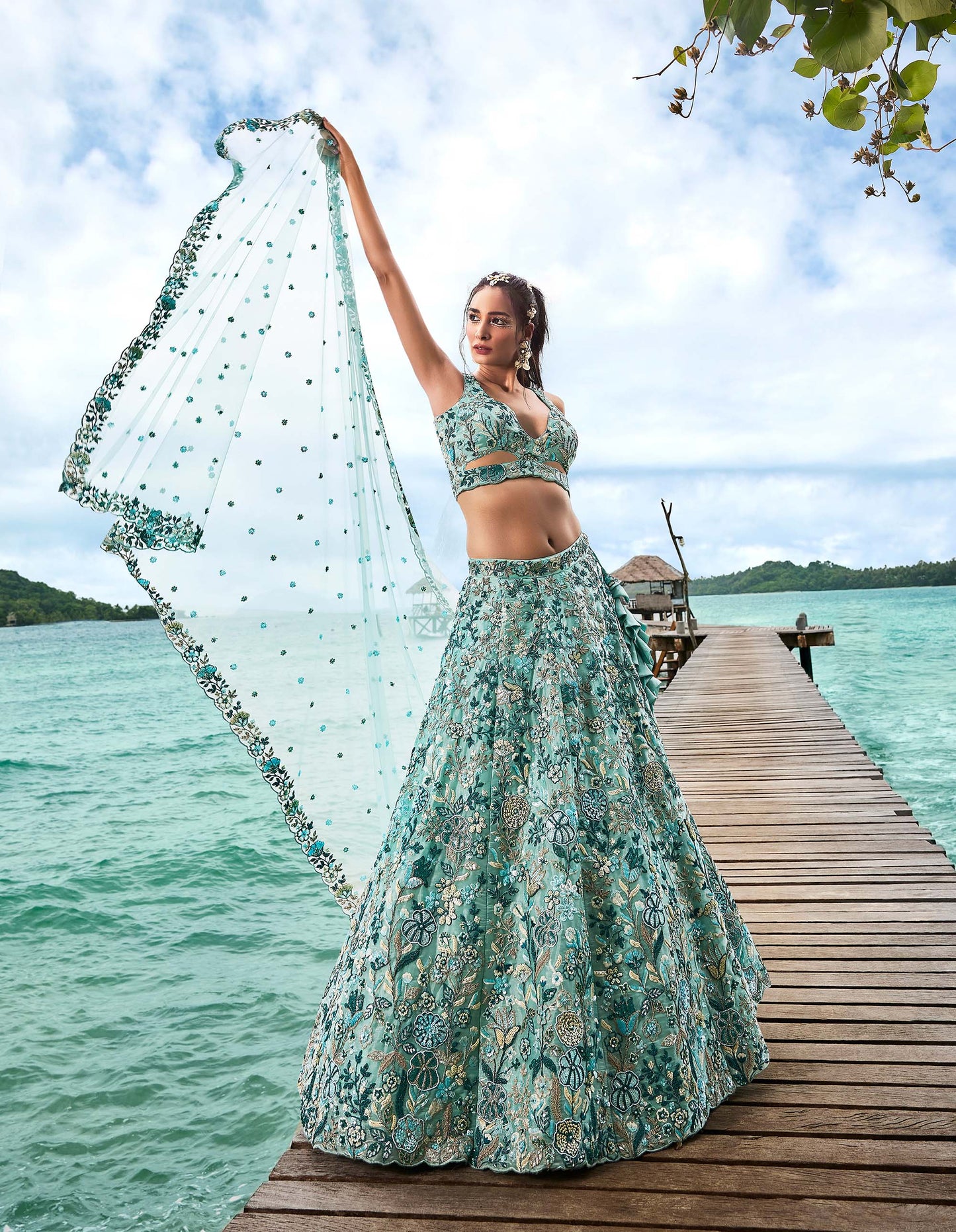 Turquoise blue Organza Sequins, Moti and thread embroidery Lehenga