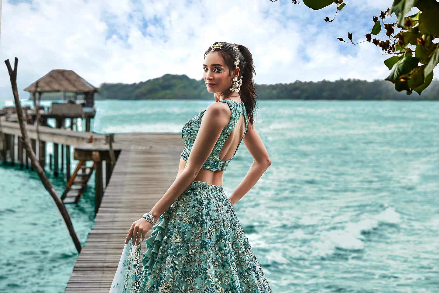 Turquoise blue Organza Sequins, Moti and thread embroidery Lehenga