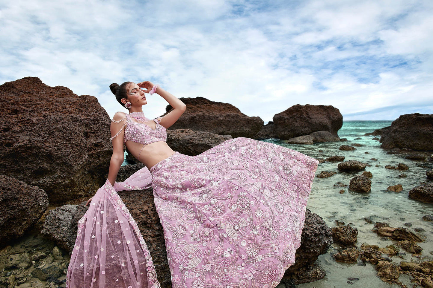 Mauve Organza Sequins, Zarkan and thread embroidery Lehenga