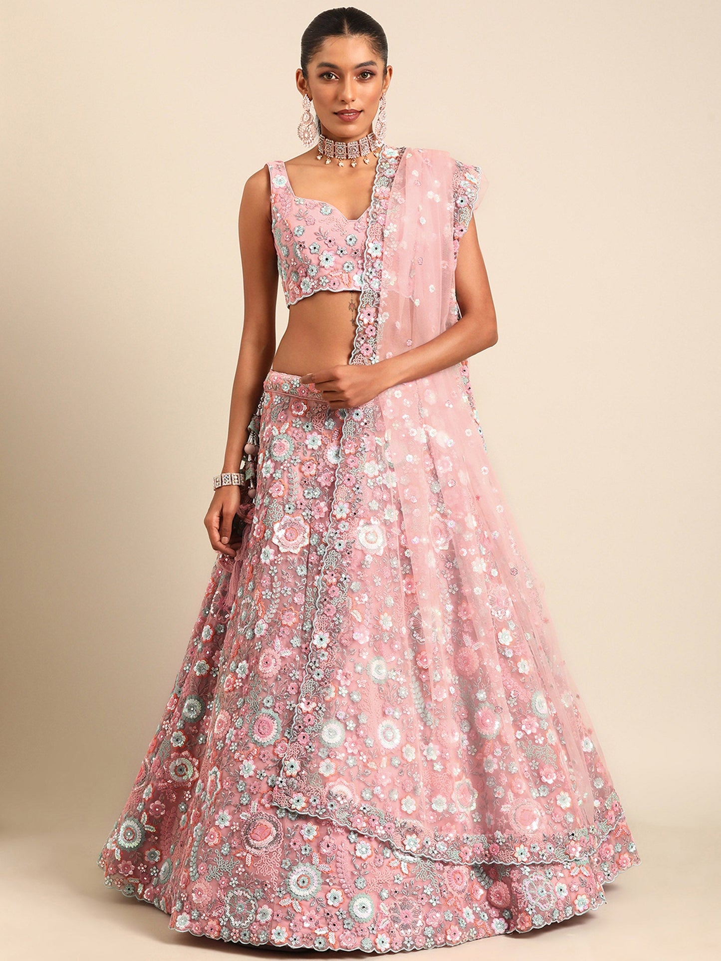Pink Net Sequins, Mirror and thread embroidery Lehenga