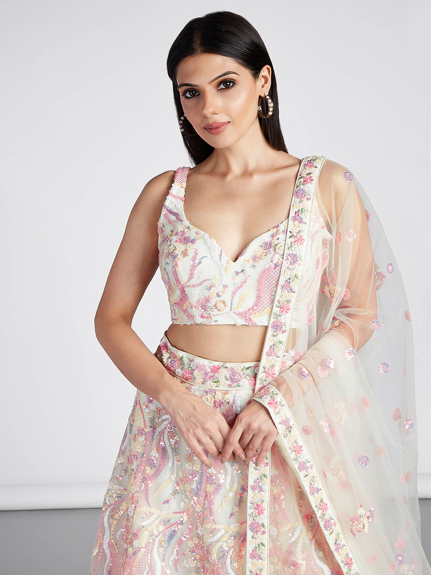Cream Net Sequins and thread embroidery Lehenga choli & Dupatta