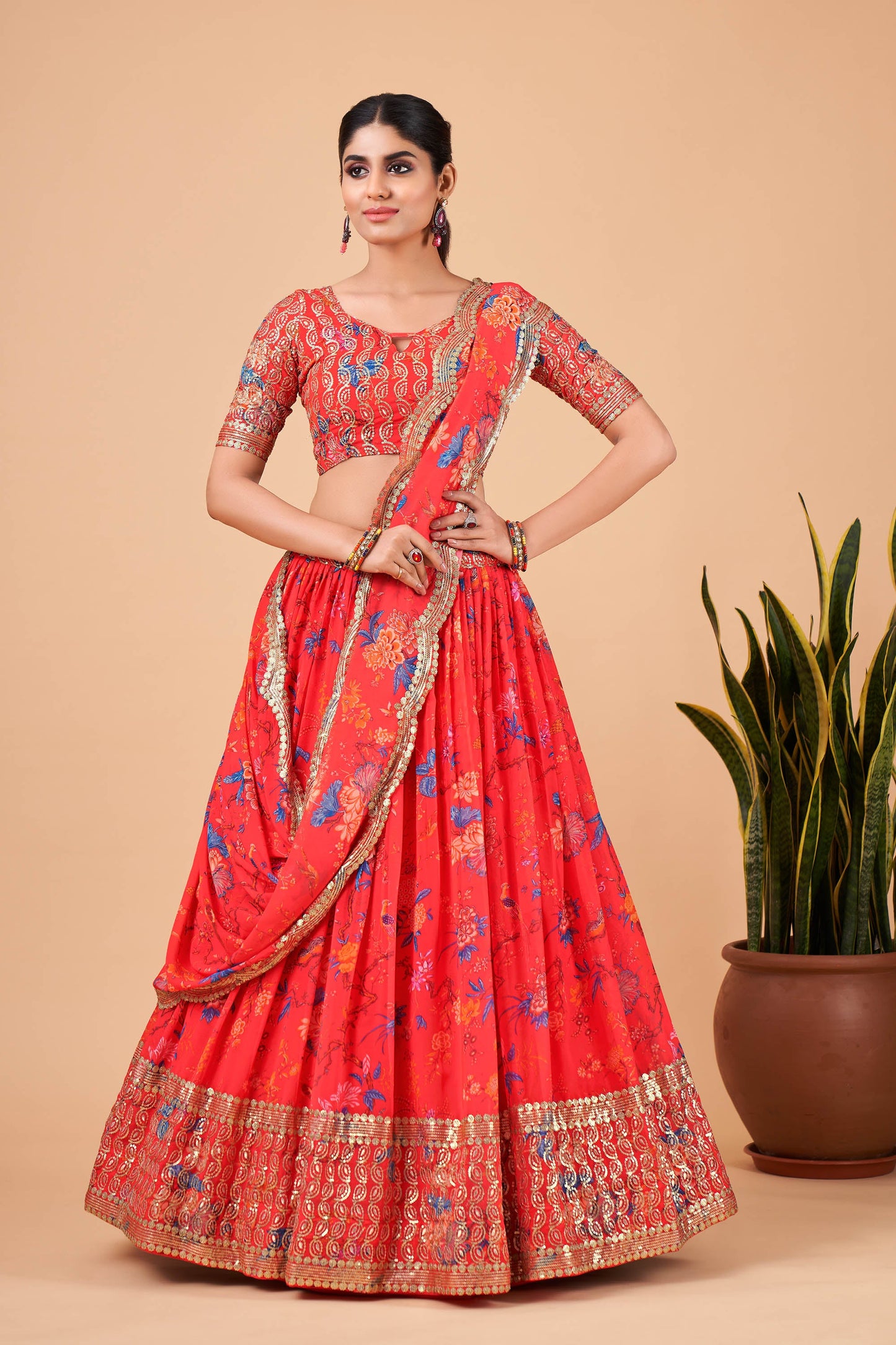 Dark Red Faux Georgette Zari Work Bridesmaid Lehenga